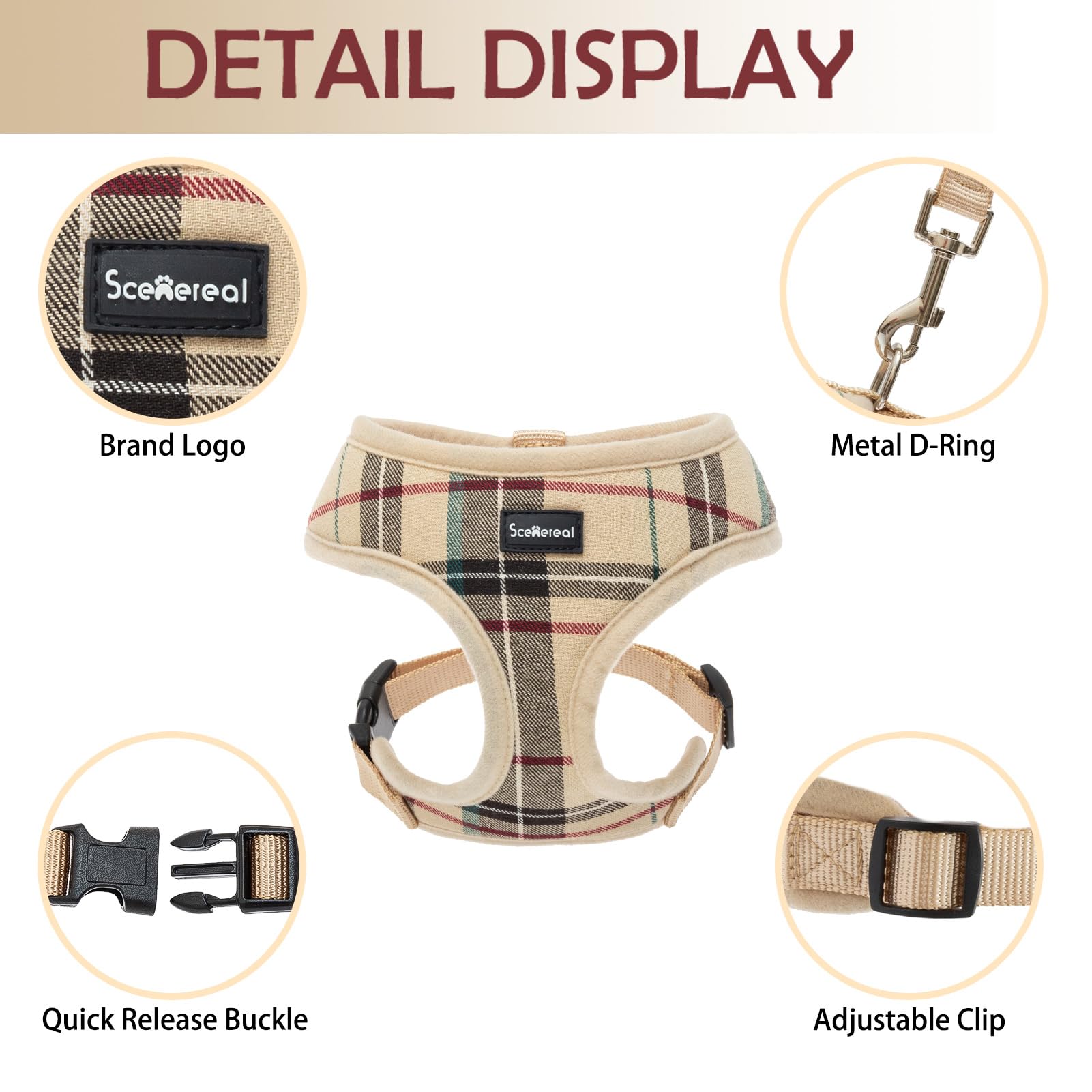 Scenereal Puppy Dog Harness With Leash Set For Small Medium Sized Dogs, Soft Mesh Step In Pet Harnesses And Leash, No Chock Plaid Adjustible No Pull Vest For Dogs Cats, Chihuahua,Bulldog (Beige M)