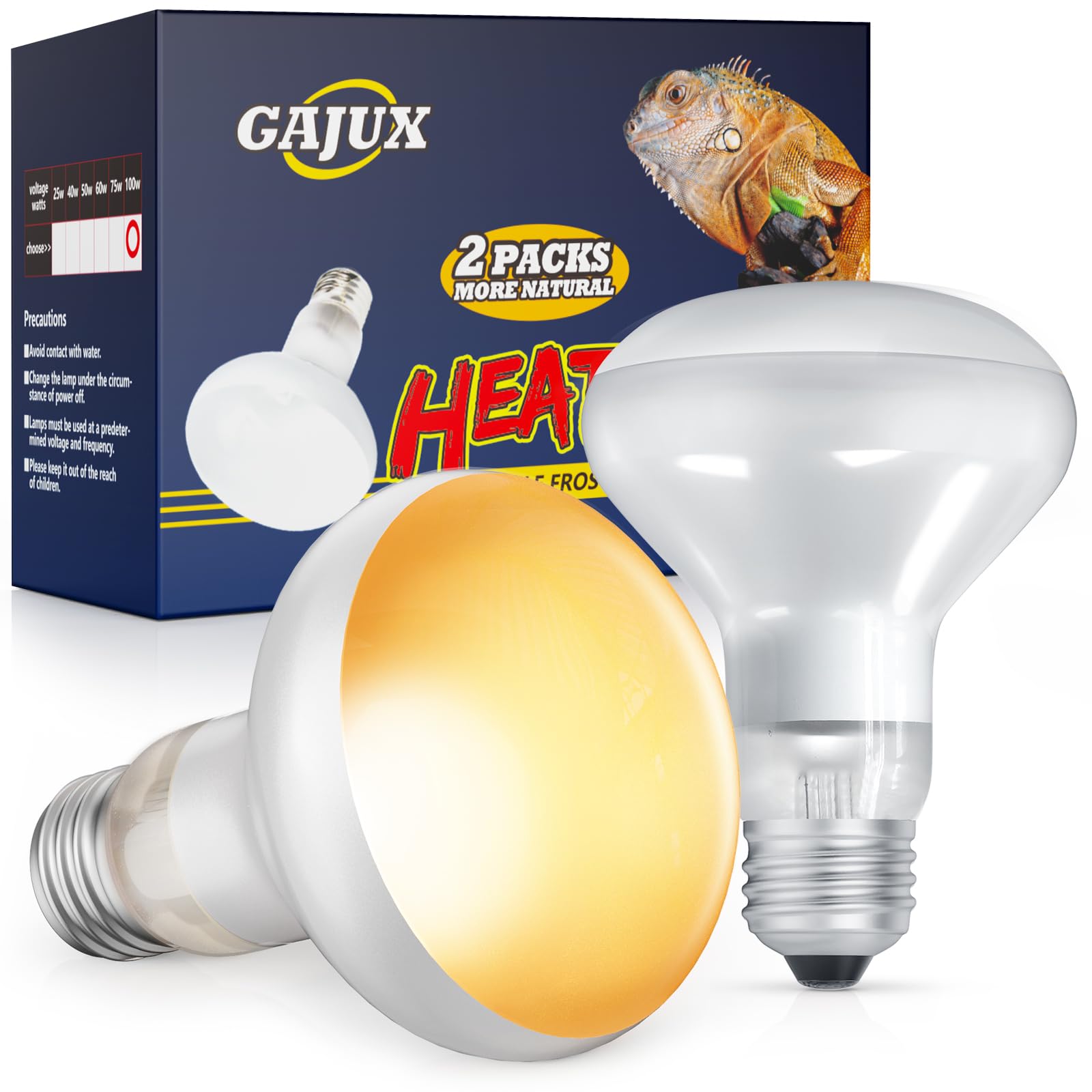 GAJUX Reptile Heat Lamp 2 Pack, 100W Heat Lamp Bulbs for Reptiles, Amphibians Basking Heat Lamp Bulbs, UVA Daylight Basking Ligh