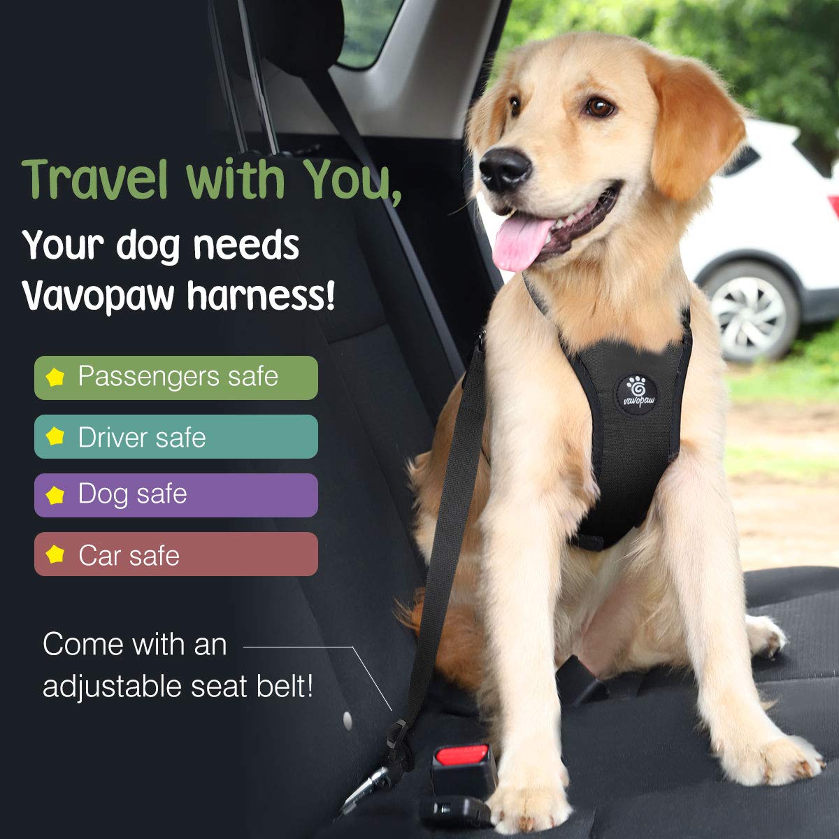 Vavopaw Dog Vehicle Safety Vest Harness, Adjustable Soft Padded Mesh Car Seat Belt Leash Harness With Travel Strap And Carabiner For Most Cars, Size Extra Large, Black