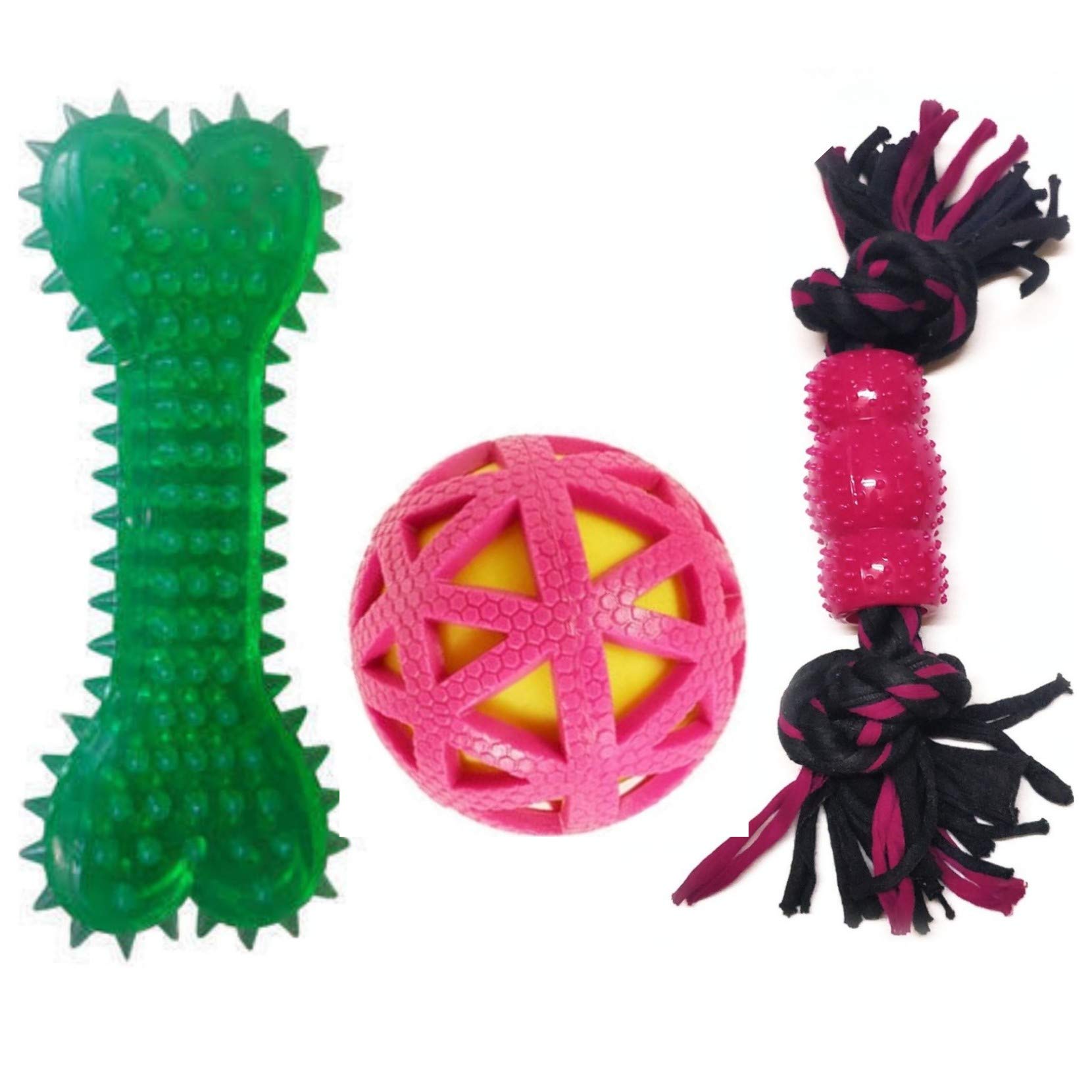 Petlicious & More Puppy Squeaky Ball Spike Bone Toy Two Knot Teething Rope Toy Dog Toys Chew Toys Puppy Toys (Pack Of 3)