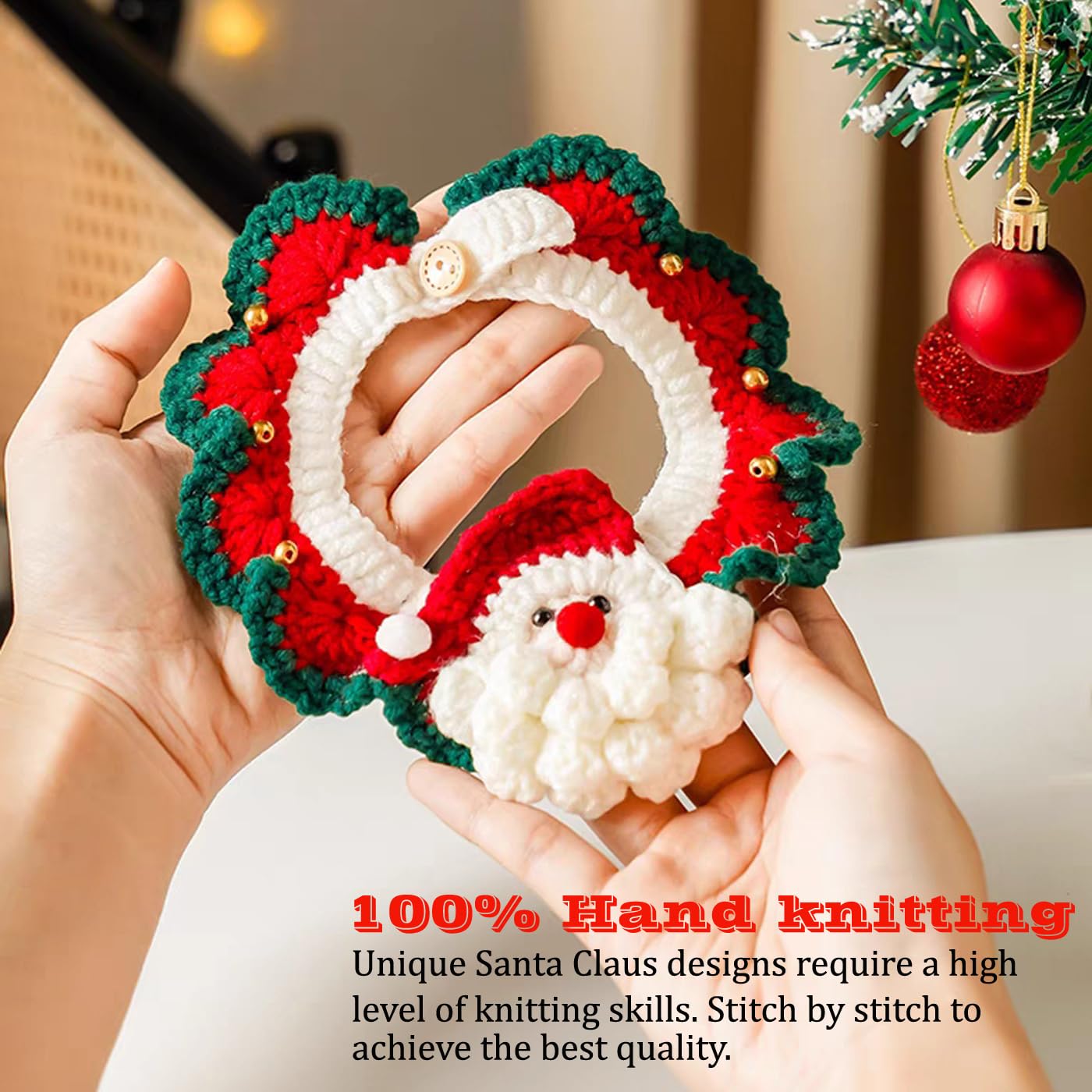 IDOLPET Christmas Santa Claus Cat Collar with Bell Handmade Knitting Holiday Pet Bandana Collar Necktie Costume Outfit for Kitte