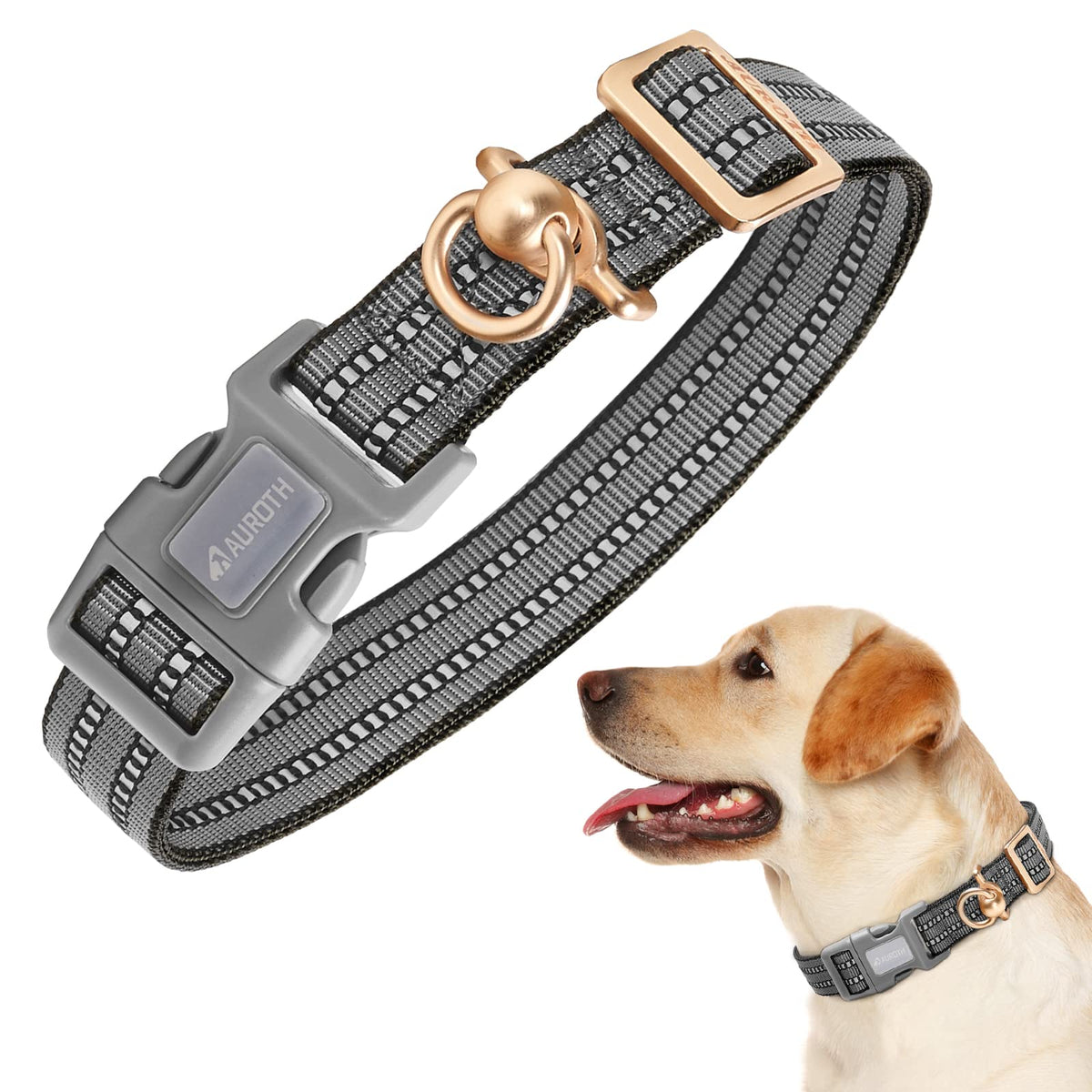 Auroth Dog Collar For Medium Large Dogs, Reflective Dog Collar, Soft Nylon Adjustable Dog Collars With Heavy Duty Metal D Ring Tangle Free (Large:15.7'-27.1', Grey)