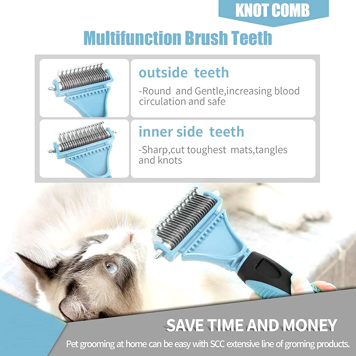 Hop 2 Sided Pet Grooming & Deshedding Brush Undercoat Rake For Cats & Dogs Safe Dematting Comb For Mats Tangles Removing Home Of Paws