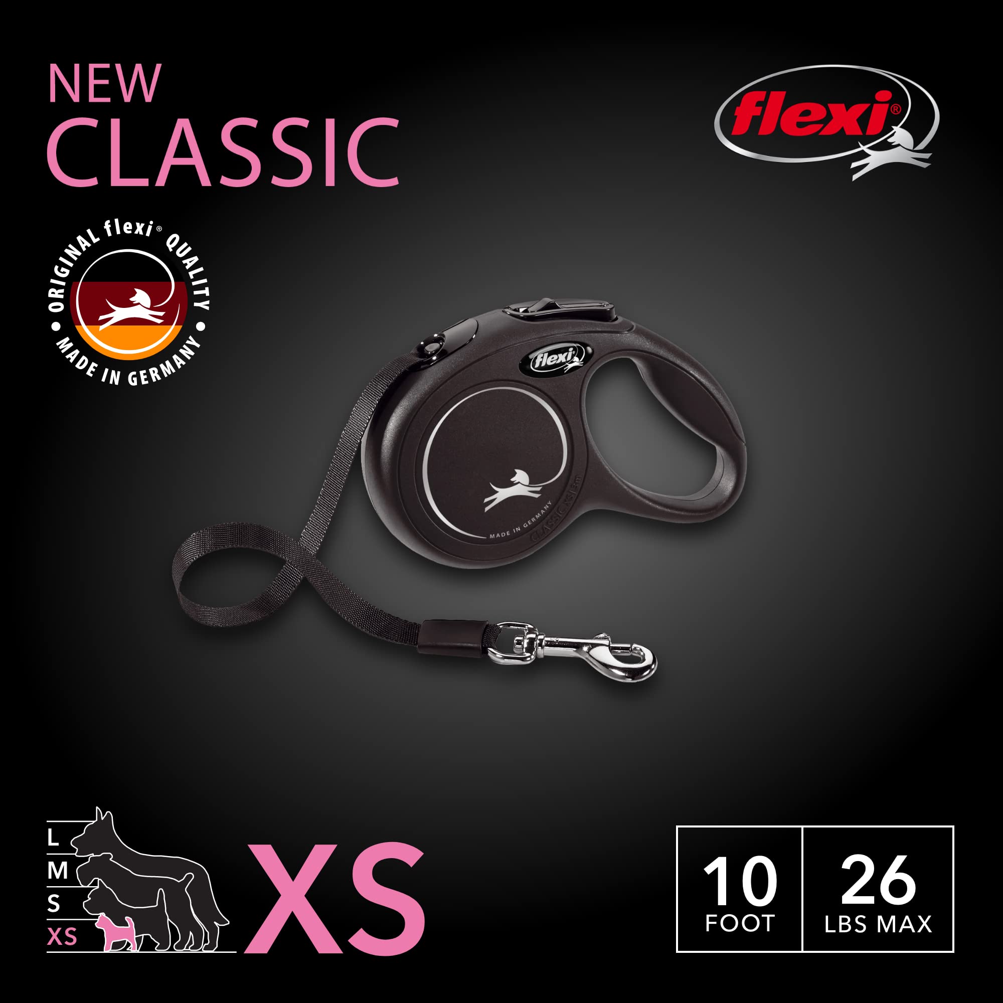 Flexi New Classic Extra Small Tape Retractable Dog Leash For Small Dogs Upto 26 Lbs. – 10 Ft., Black | Tangle Free Pet Walking Leash With One-Handed Brake, Pause, Lock|German Quality Product