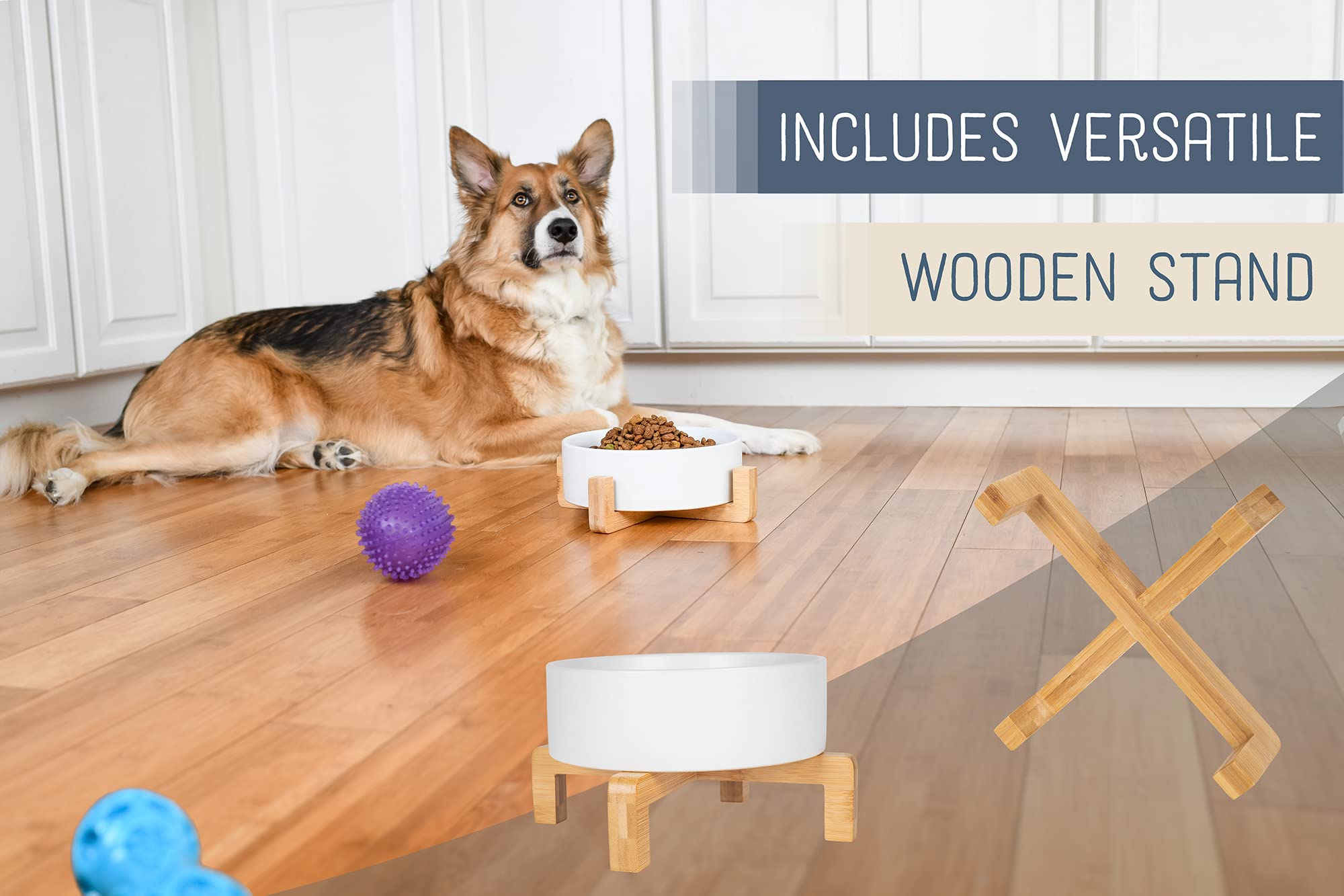 Nat & Jules Large White 8 Inch Stoneware Ceramic And Wood Pet Bowl With Stand