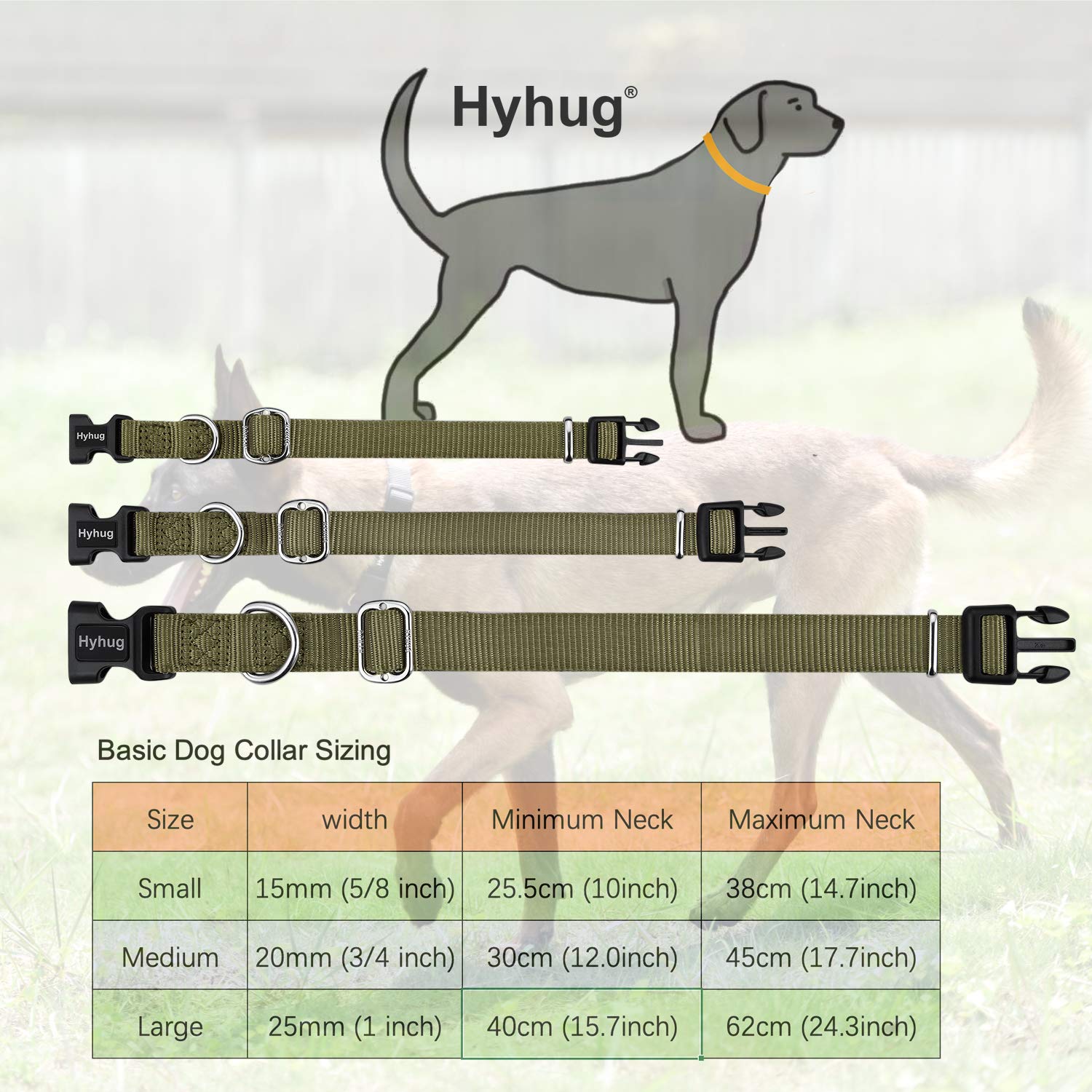 Hyhug Pets Classic Regular Heavy Duty Nylon Dog Basic Collar For Medium Dogs Daily Use Walking Jogging. (Medium, Military Green)