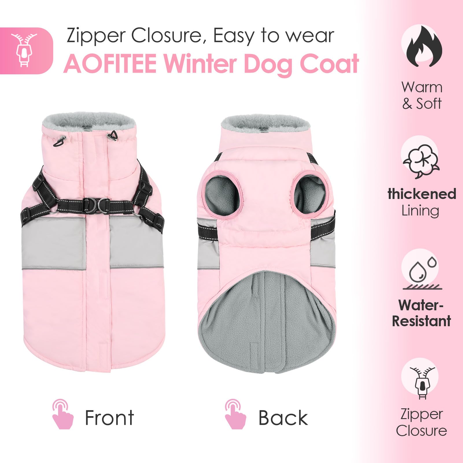 Aofitee Dog Coat - Large Dog Reflective Winter Jacket With Built-In Harness, Warm Fleece Collar For Doberman, Great Dane, Pink X