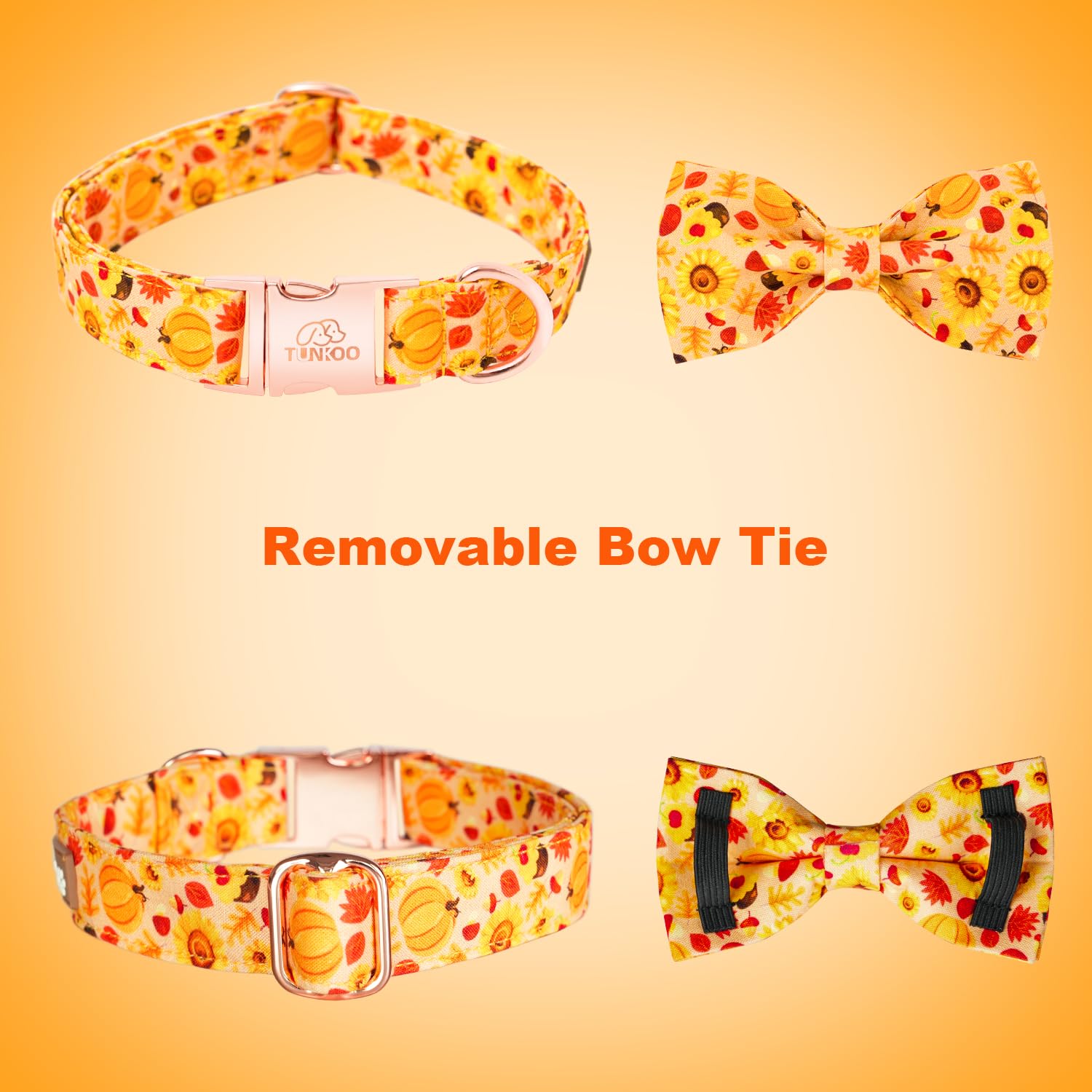 Tunkoo Sunflower Dog Collar With Elegant Bow Tie - Ajustable Orange Puppy Collar Floral Pattern Stylish And Charming Fall Pet Ac
