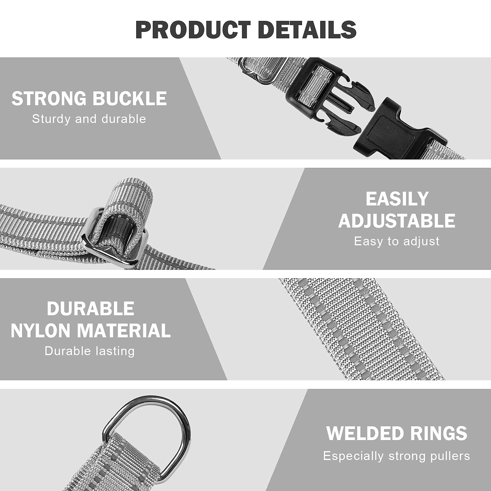 Hikiko Reflective Martingale Dog Collars With Buckle Nylon Adjustable No Slip Training Pet Collar (Medium, Sliver Grey)