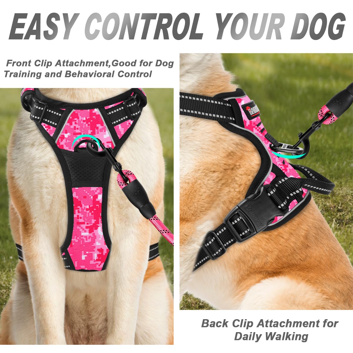 Barkbay No Pull Dog Harness Front Clip Heavy Duty Reflective Easy Control Handle For Large Dog Walking(Pink Camo,Xl)