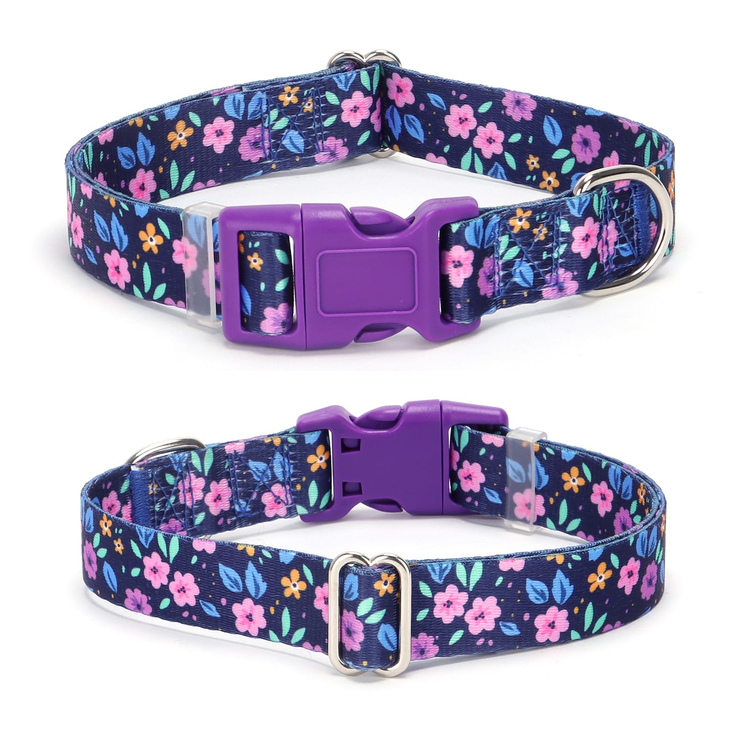 Flower Dog Collar Purple, Pretty Floral Pattern Design Quick Release Buckle Soft Nylon Female Puppy Collars Adjustable for Xs Sm