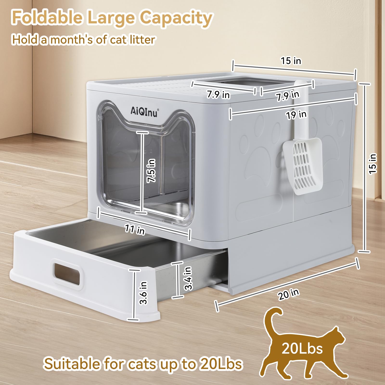 Aiqinu Stainless Steel Cat Litter Box With Lid And Scoop - Up To 20 Lbs, Foldable Large Enclosed Metal Litter Box With High Side
