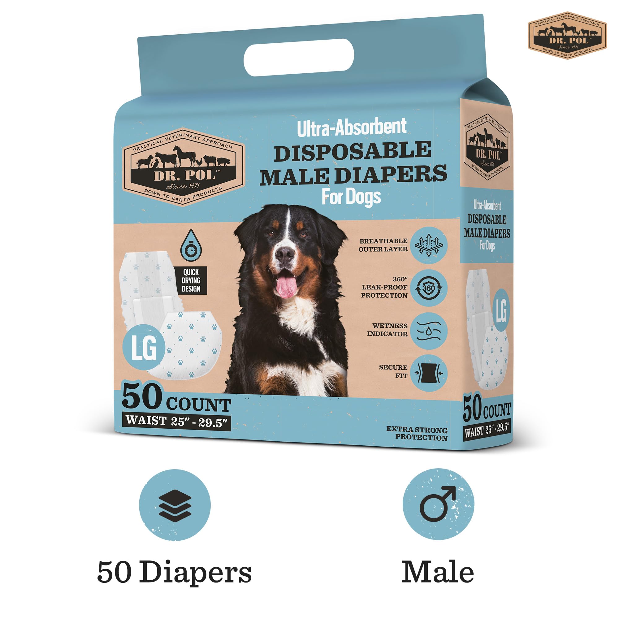 Dr. Pol Male Dog Diapers - Super Absorbent, Breathable, Leak-Proof With Wetness Indicator, Large, 50 Count