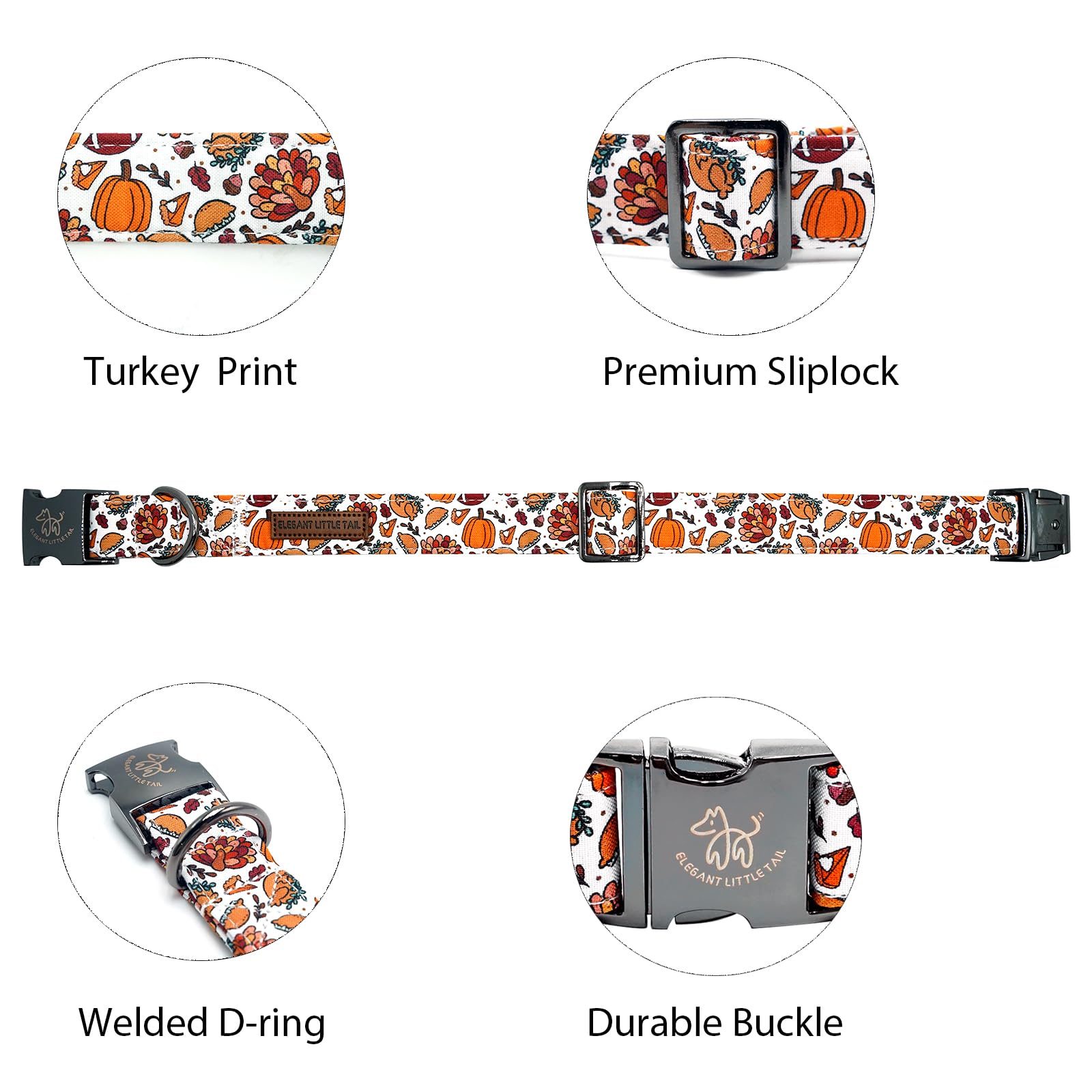 Elegant Little Tail Thanksgiving Turkey Pumpkin Pet Collar - Cotton With Metal Buckle, Adjustable For X-Large Dogs