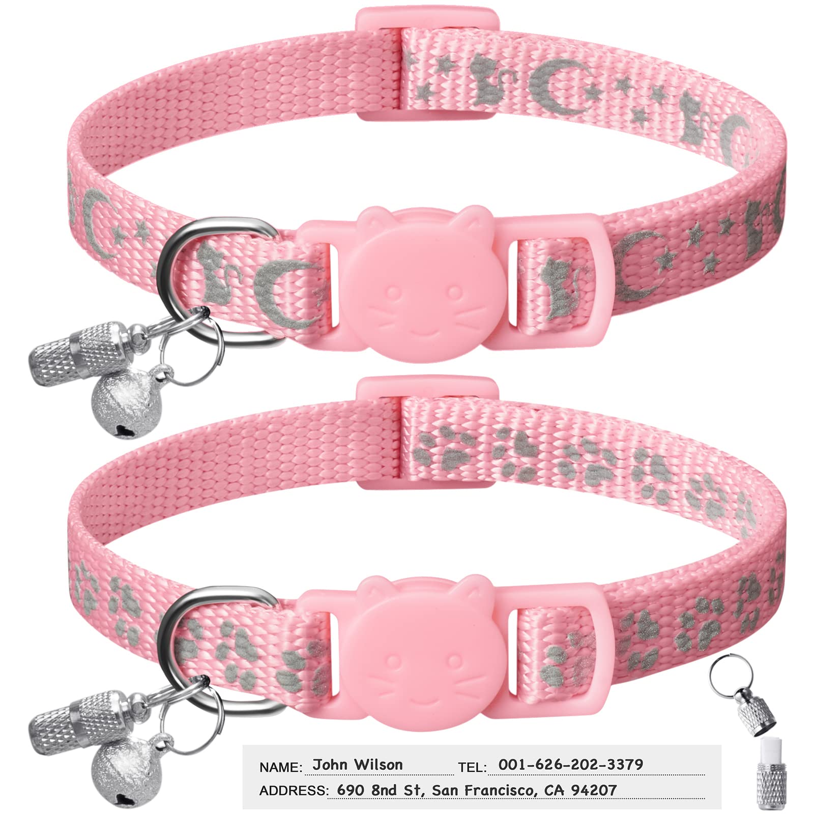 Llhk 2 Pack Breakaway Cat Collars & 2 Pcs Name Tags,Reflective Safety Kitten Collar With Bell,For Girl Boy Male Cats,Adjustable 