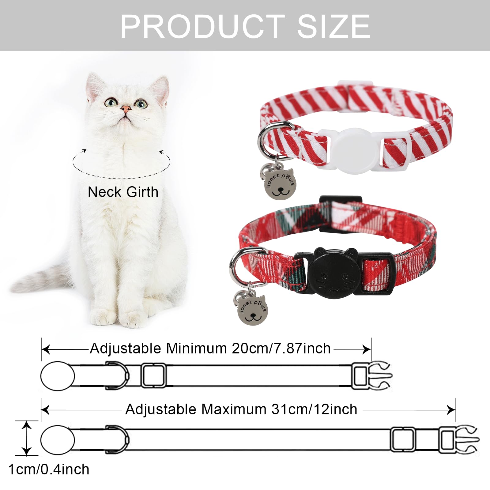 Lionet Paws 2Pcs Pack Cotton Cat Collar,Breakaway Buckle With Christmas Red Whtie Stripe Cute Adjustable Cat Kitten Collar,Ideal