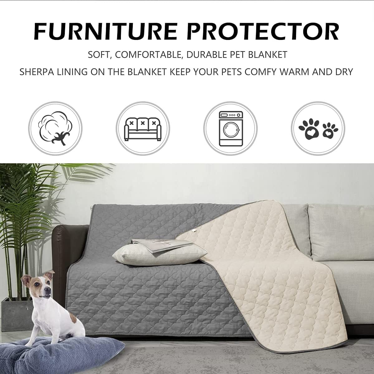 Dog Blankets for Couch Protection Waterproof Dog Bed Covers Pet Blanket Furniture Protector (Grey+Ivory, 82x86)