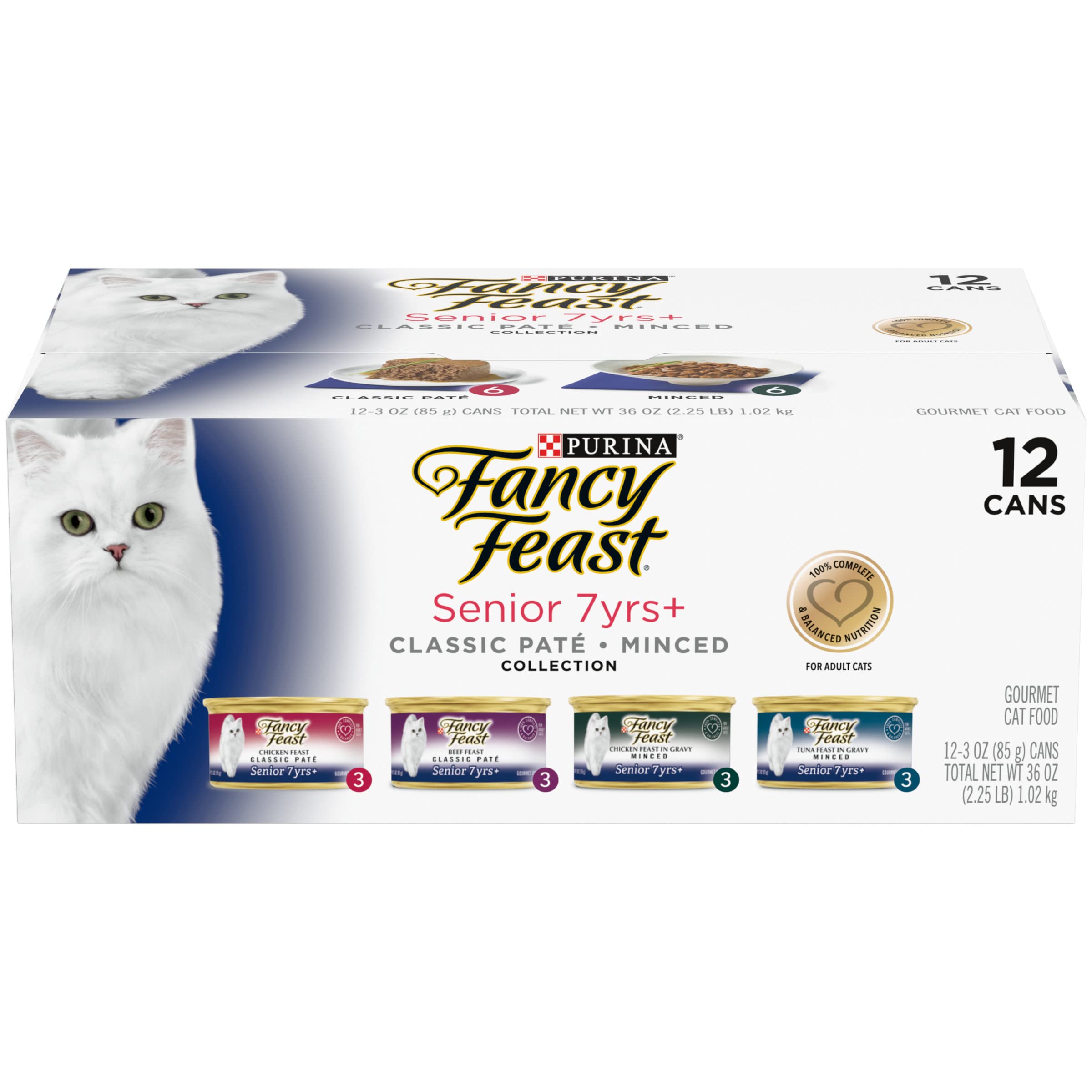 Purina Fancy Feast High Protein Senior Wet Cat Food Variety Pack, Senior 7+ Chicken, Beef & Tuna Feasts - (2 Packs of 12) 3 oz. 
