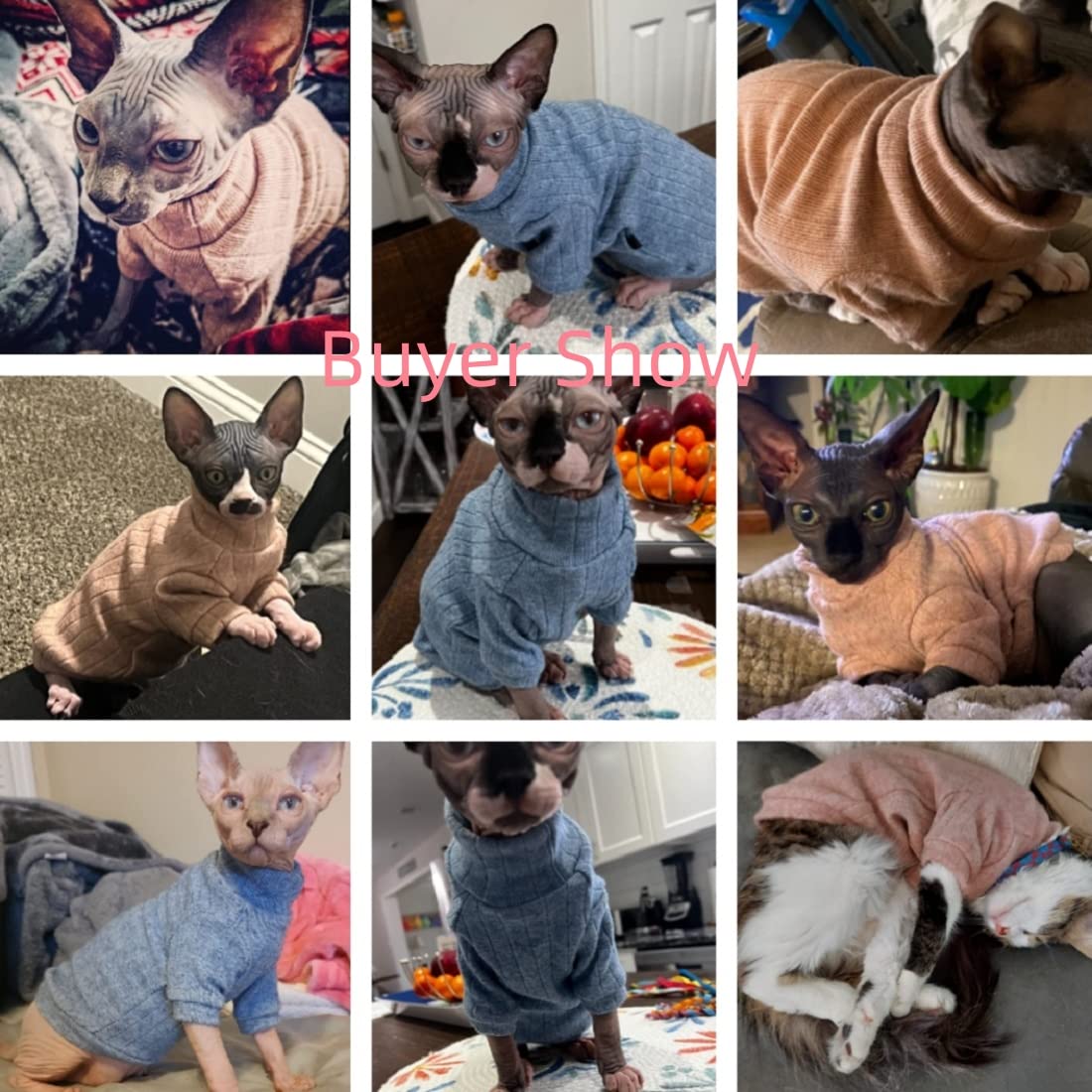 Idepet Sphynx Hairless Cats Sweater Shirt Kitten Soft Puppy Clothes Pullover Cute Cat Pajamas Jumpsuit Skin-Friendly Cotton Apparel Pet Winter Turtleneck For Cats And Small Dogs(Large, Pink)
