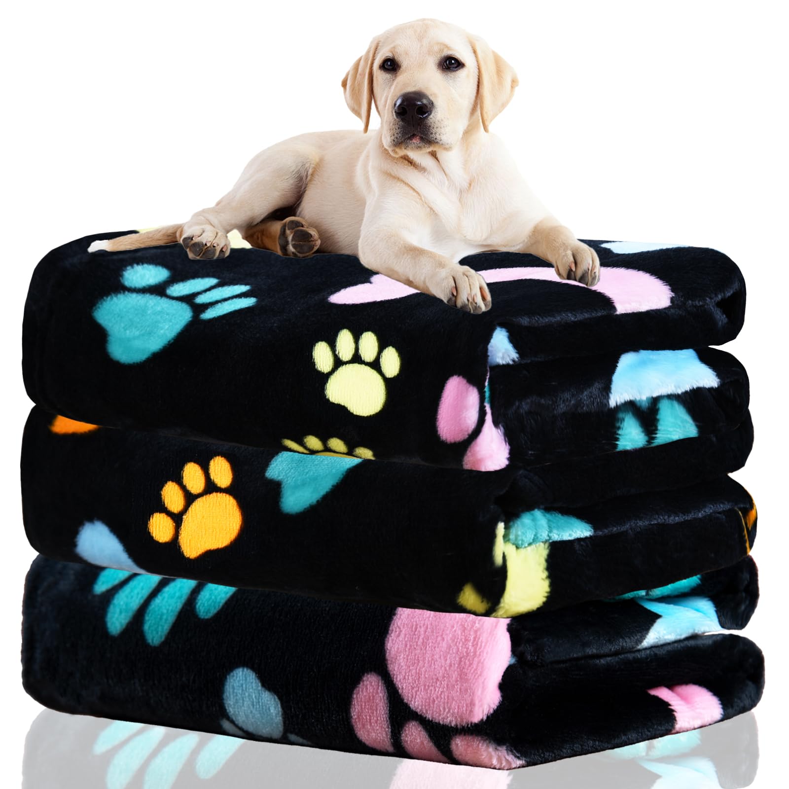 Soft Fuzzy Blankets For Dogs & Cats, 3 Pack - Large & Medium, Washable Comfort Flannel, Reversible Print, 41 X 31 Inch, Black