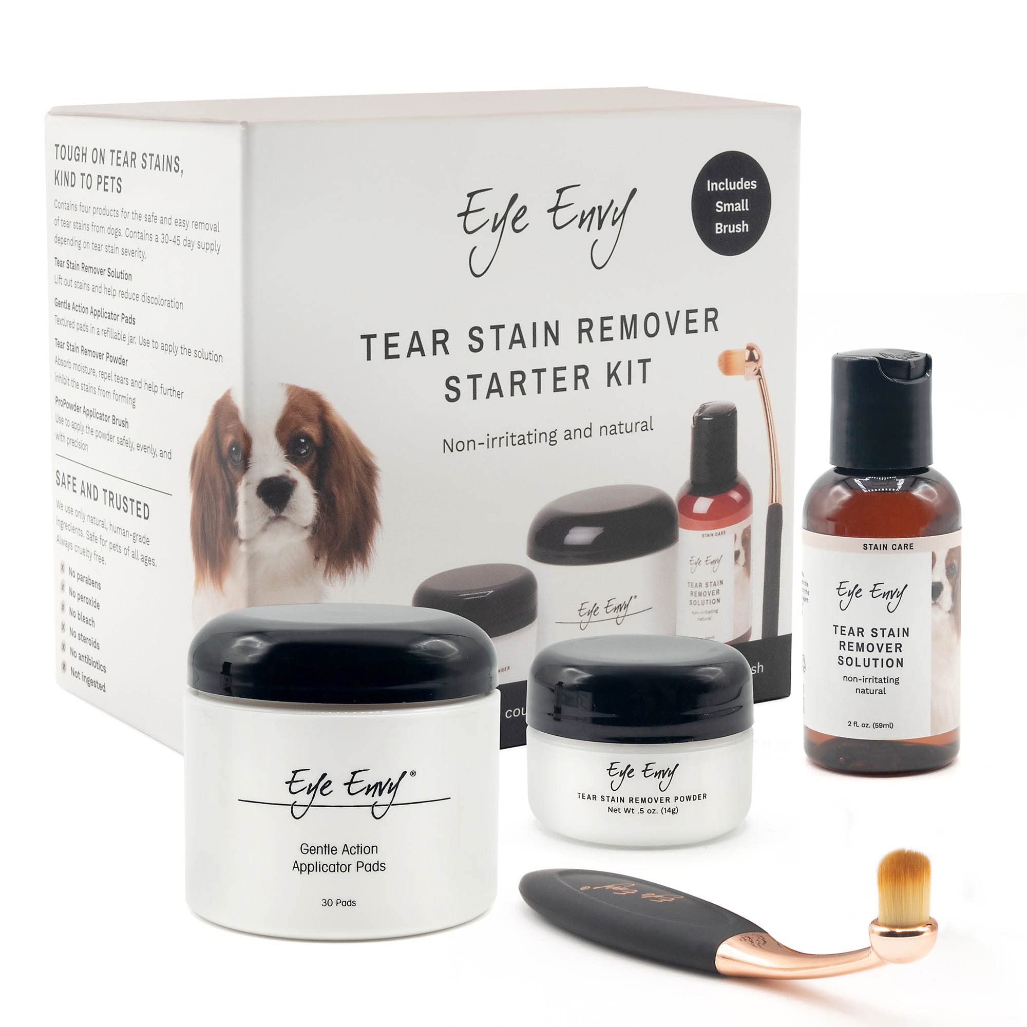 Eye Envy Dog Tear Stain Remover Starter Kit with ProPowder Brush | Stain Solution, Applicator Pads, Stain Powder and Small Appli