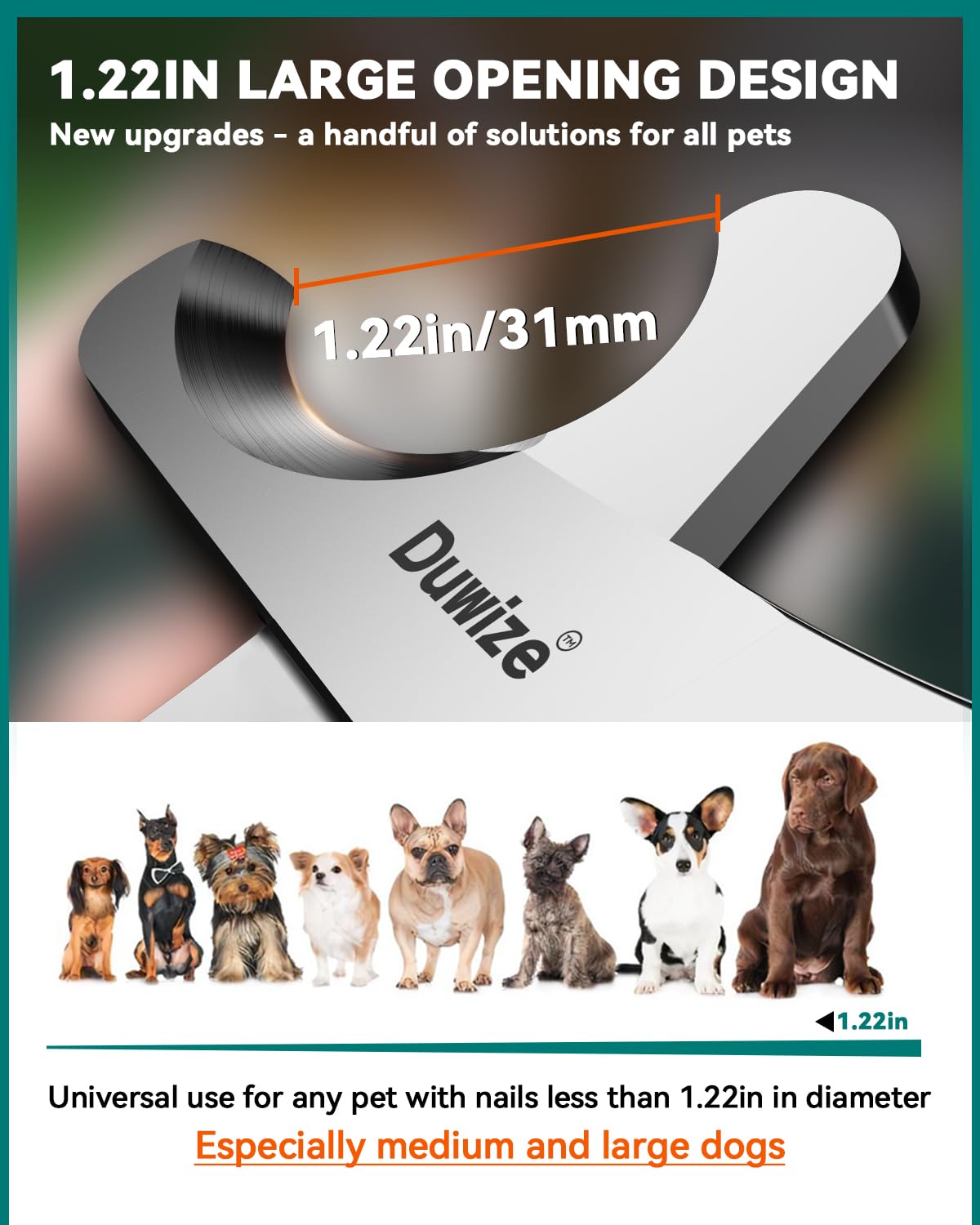 Duwize Dog Nail Clippers - All Steel Material, 1.22-Inch Large Opening, Built-in Spring, No Fur Pinch, for Medium to Large Dogs