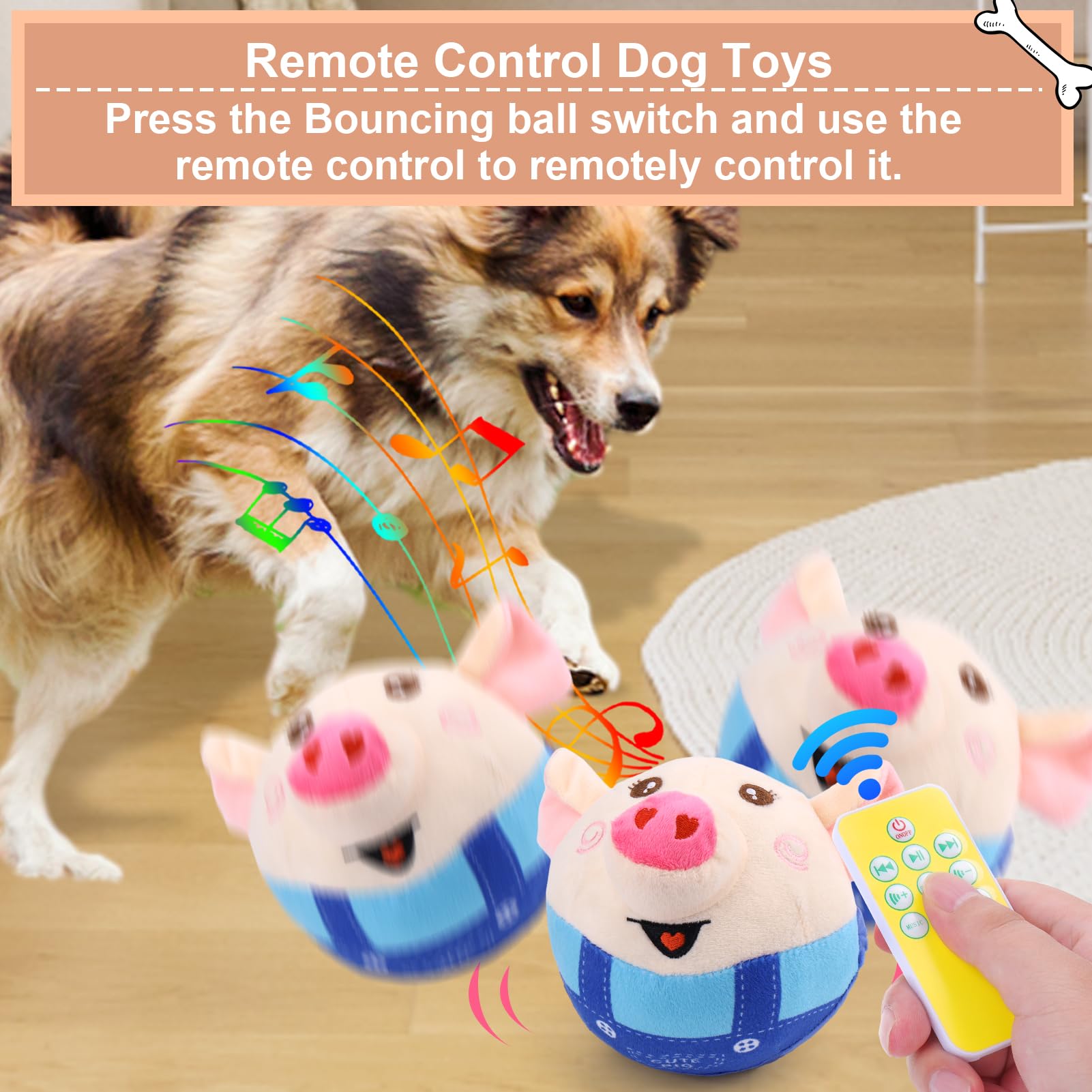 Baborui Blue Pig Interactive Dog Toy, Remote Control Jumping Squeaky Toy With Recording & Music Modes, Rechargeable Moving Dog C