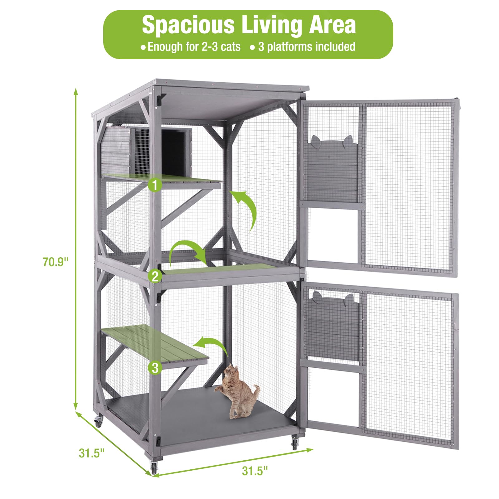 Gutinneen Cat House Outdoor Cage Cat Enclosure On Wheels,Large Wooden Kitty Catio With Resting Box,Pvc Layer