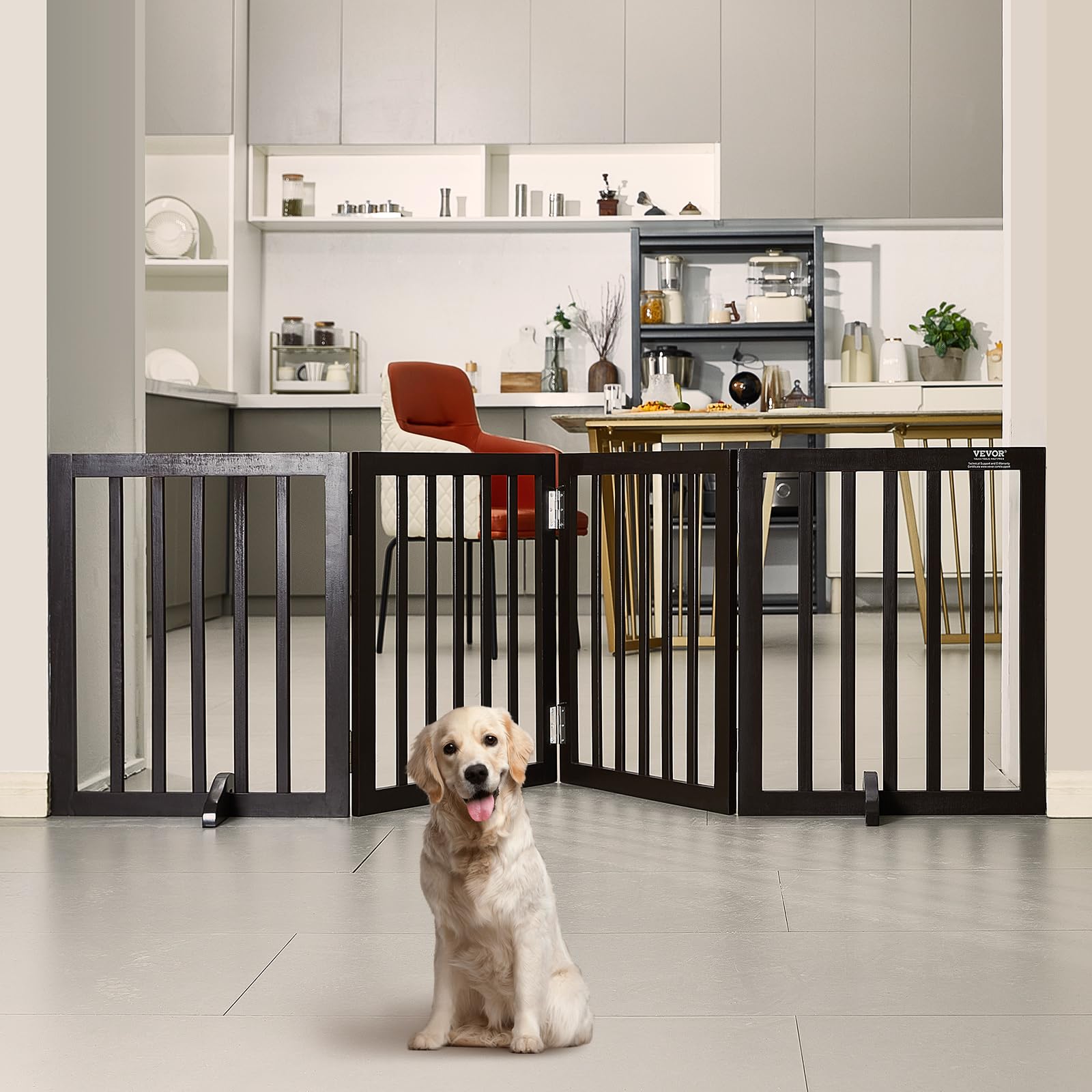 VEVOR Freestanding Dog Gate, Wooden Free Standing Pet Gate 80''W x 24''H,4 Panels Foldable Dog Gate for Wide & Narrow Passageway
