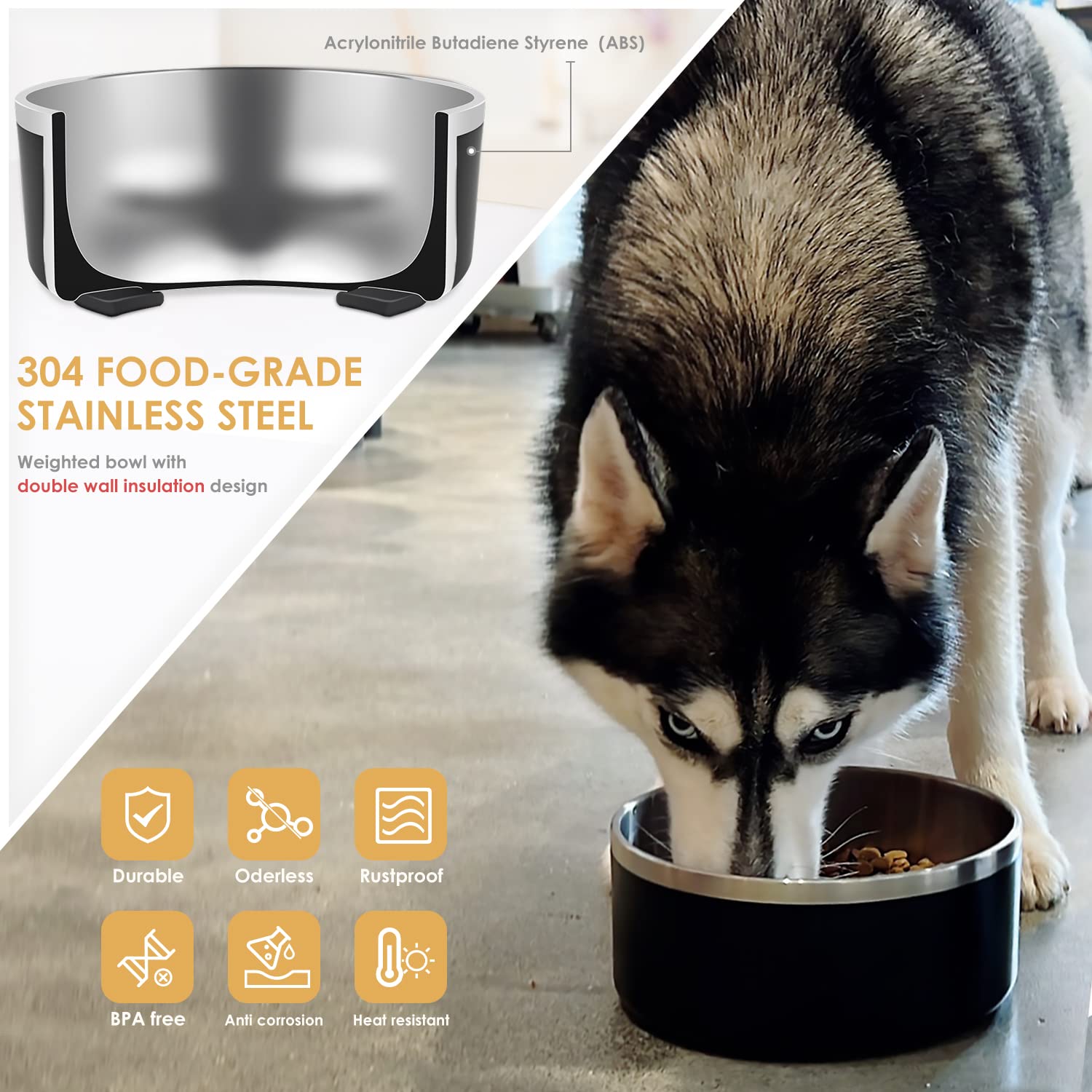 IKITCHEN Dog Bowl for Food and Water, 40 Oz Stainless Steel Pet Feeding Bowl, Durable Non-Skid Double Wall Insulated Heavy Duty