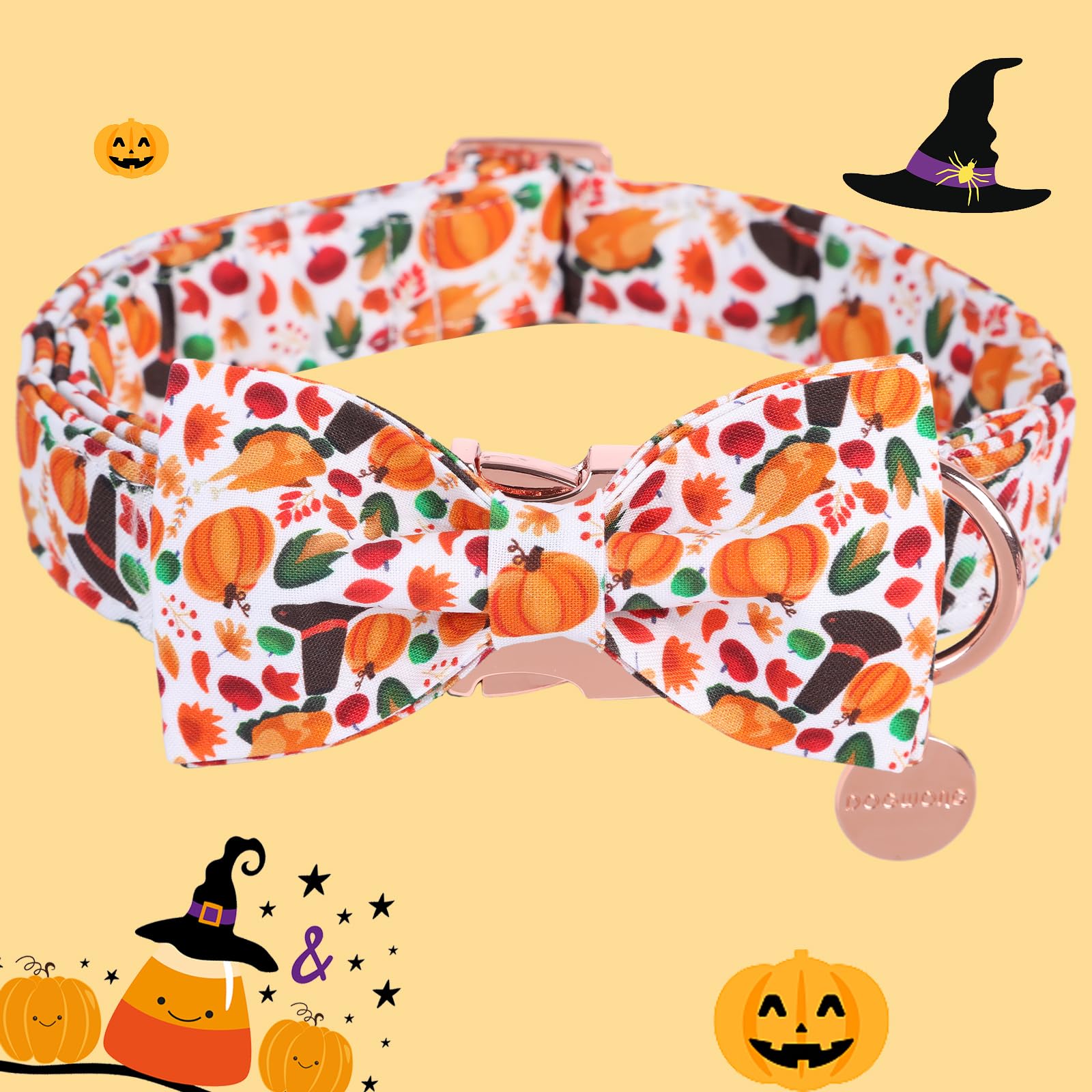 Dogwong Fall Dog Collar With Bowtie - Fall Dog Collar Soft Cotton Autumn Dogs Necklace - Halloween Puppy Necklace For Small Medi