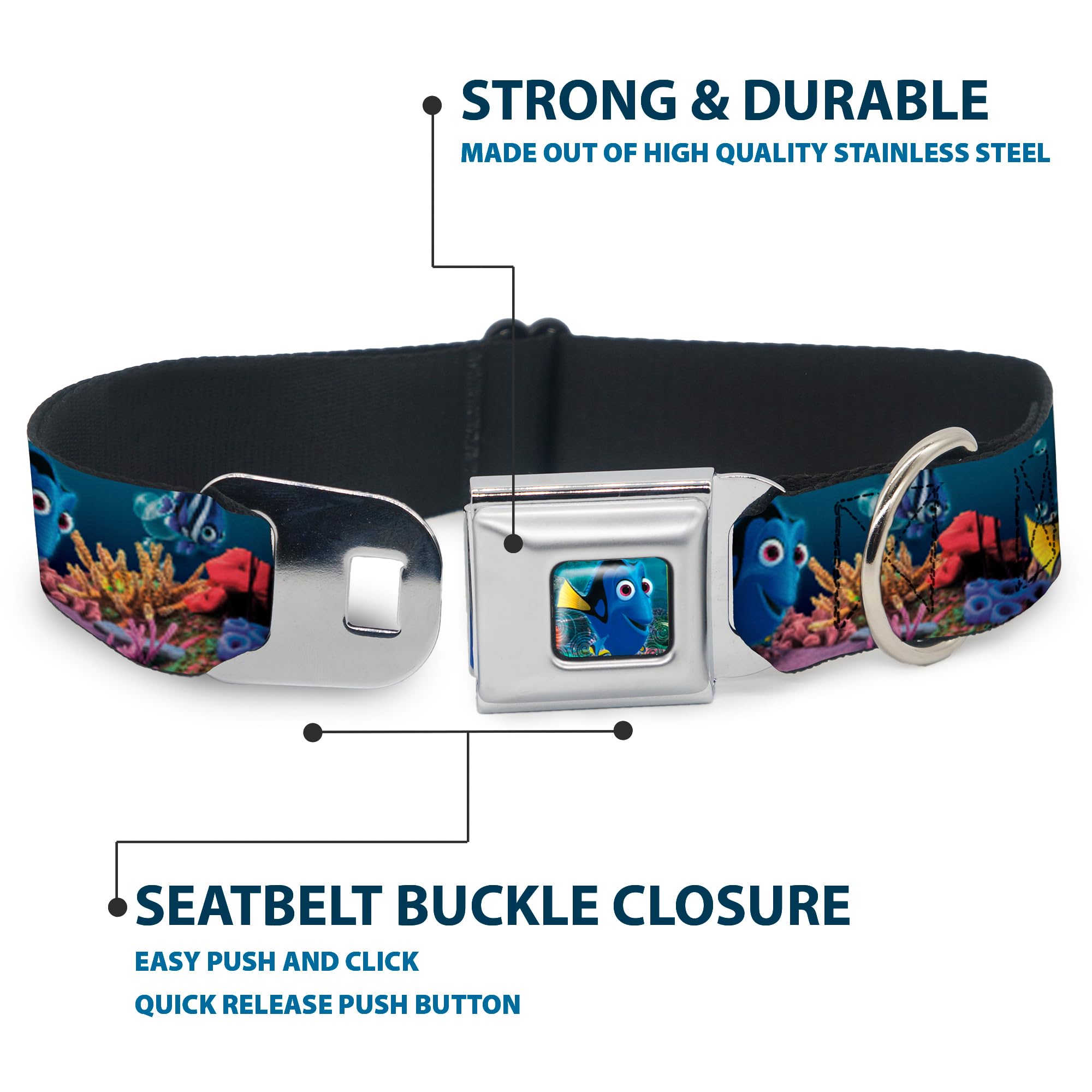 Dog Collar Seatbelt Buckle Dory Poses Friends Under The Sea 11 To 17 Inches 1.0 Inch Wide