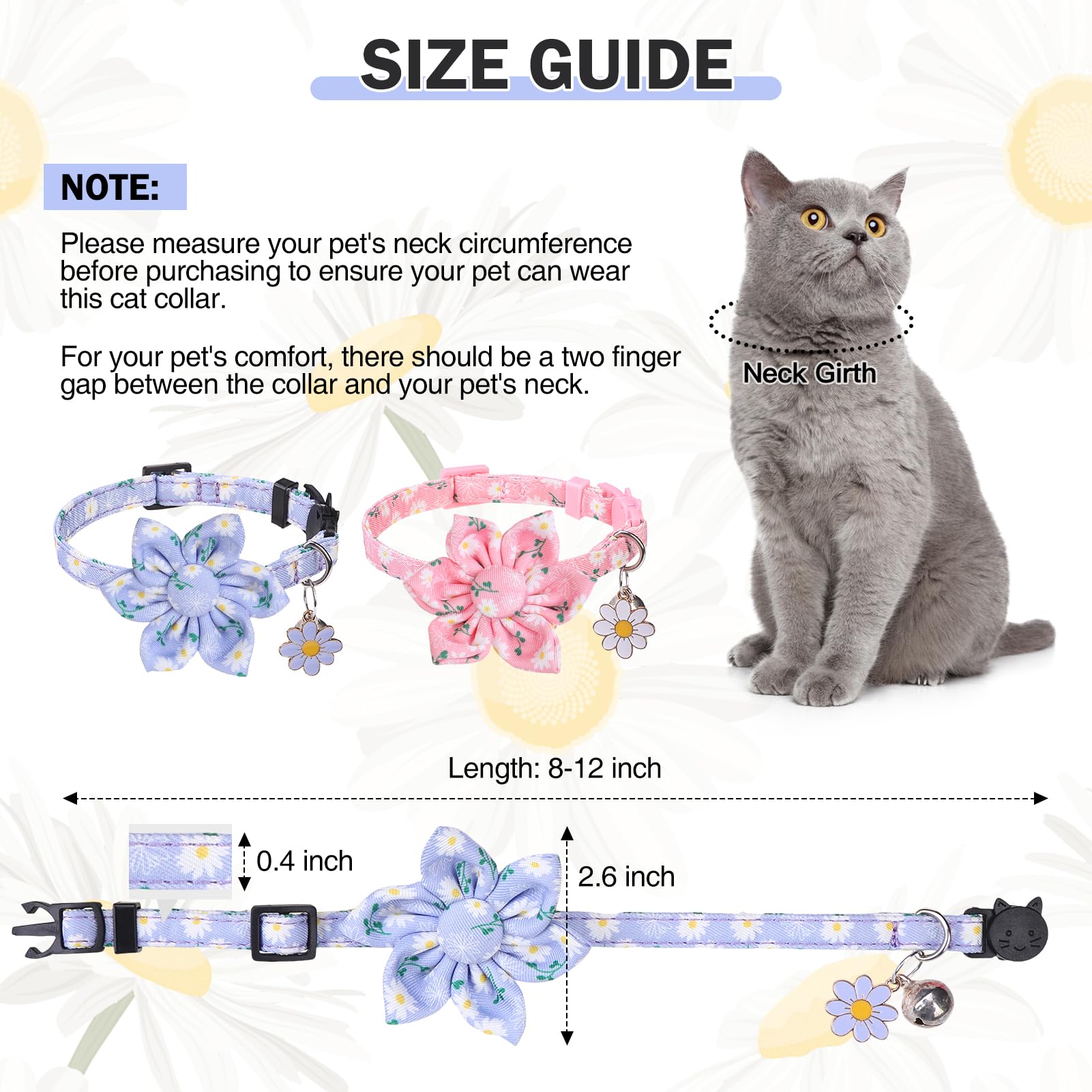Dillybud Breakaway Cat Collars For Girl Boy Cats, 2 Pack Cute Kitten Collar With Bells & Flowers, Safety Adjustable Female Male