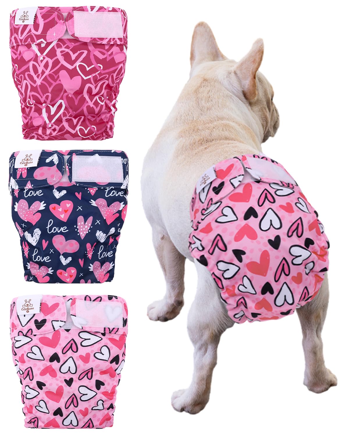 Cutebone Washable Dog Diapers Female No Tail Hole 3 Pack Reusable Doggie Period Training Pants Valentines For Docked-Tail French