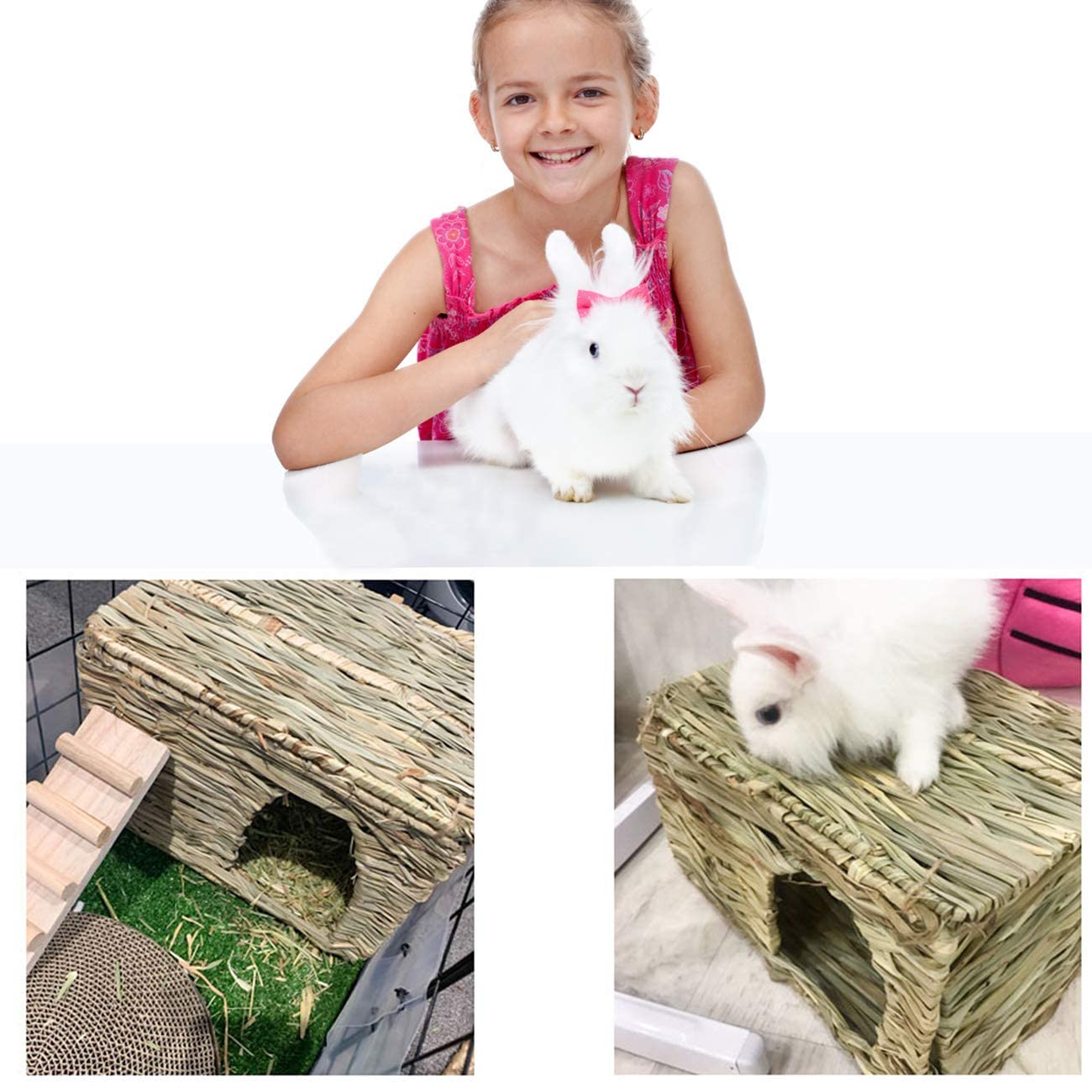 Hercocci Extra Large Grass House For Rabbit, Foldable & Comfortable - Small Animal Hut Play Hideaway Bed Hay Mat Chew Toy For Bunny Guinea Pig Hamster Chinchilla (1 Pack)