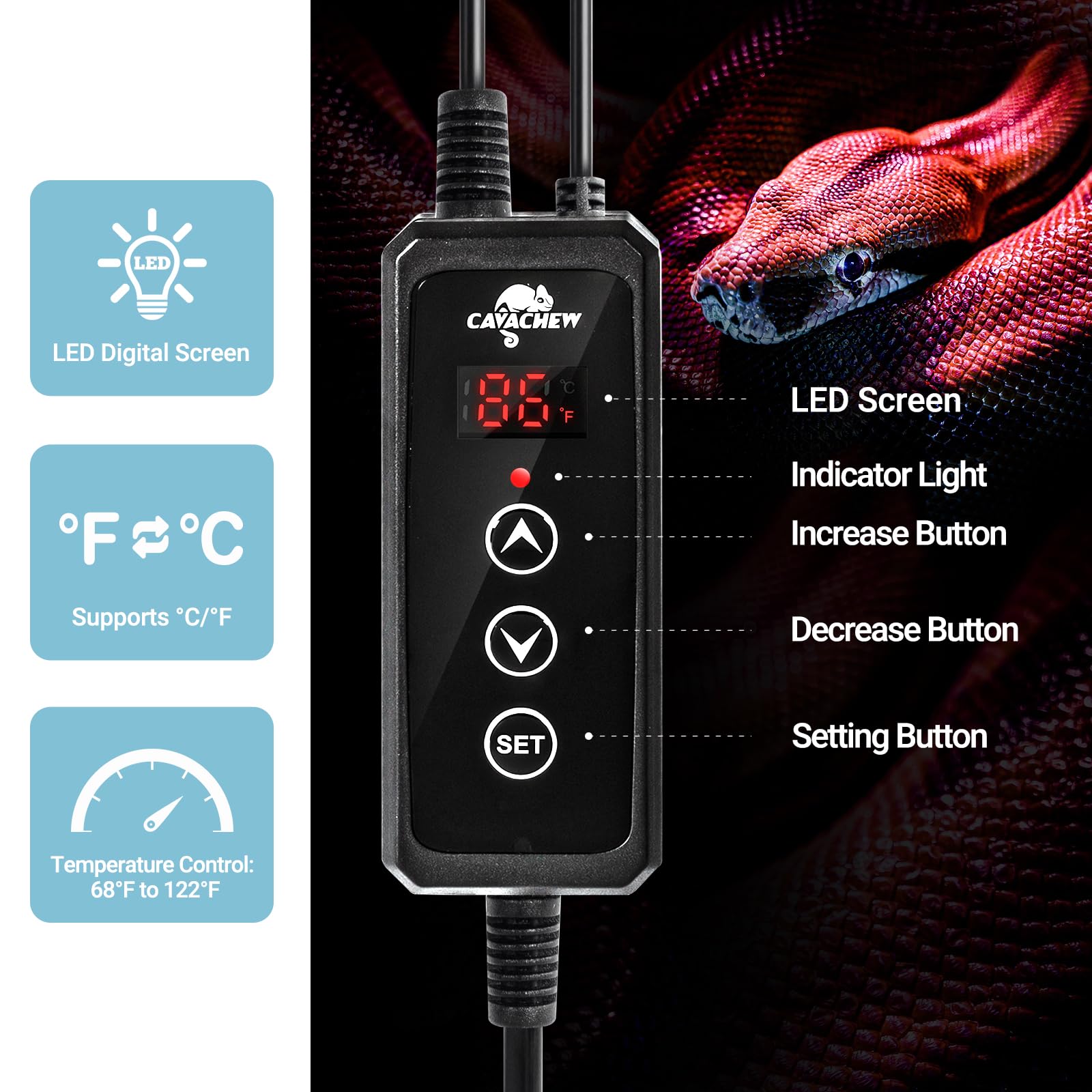 CAVACHEW Reptile Heat Pad with Dimming Thermostat, 8"x12", 16W Under Tank Heater for 30-40 Gallon Tank, Black