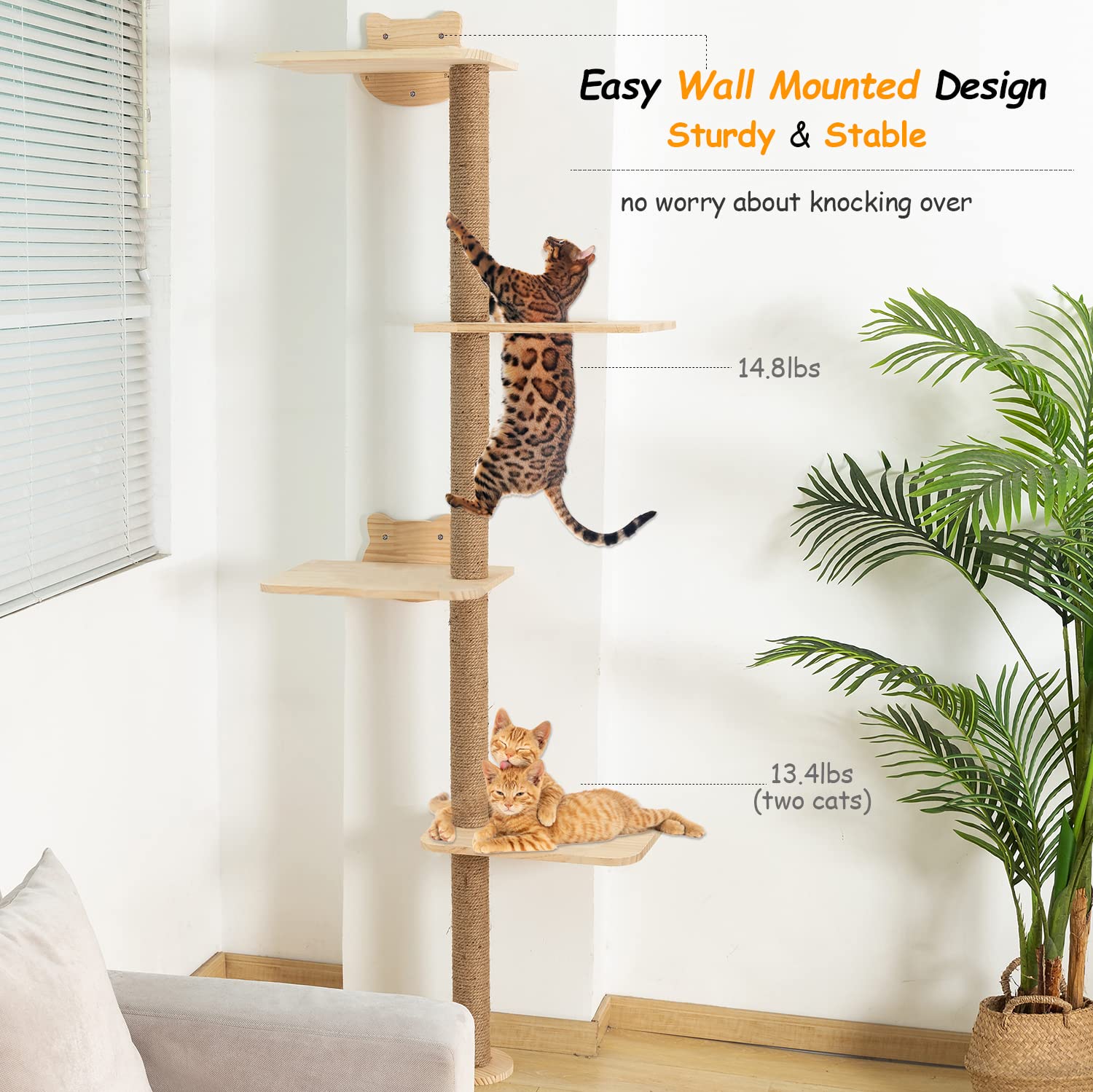 Cat Tree Wall Mounted Tall Scratching Post For Indoor Cats Climbing Tower Activity Wood Cat Wall Furniture 73 Inch