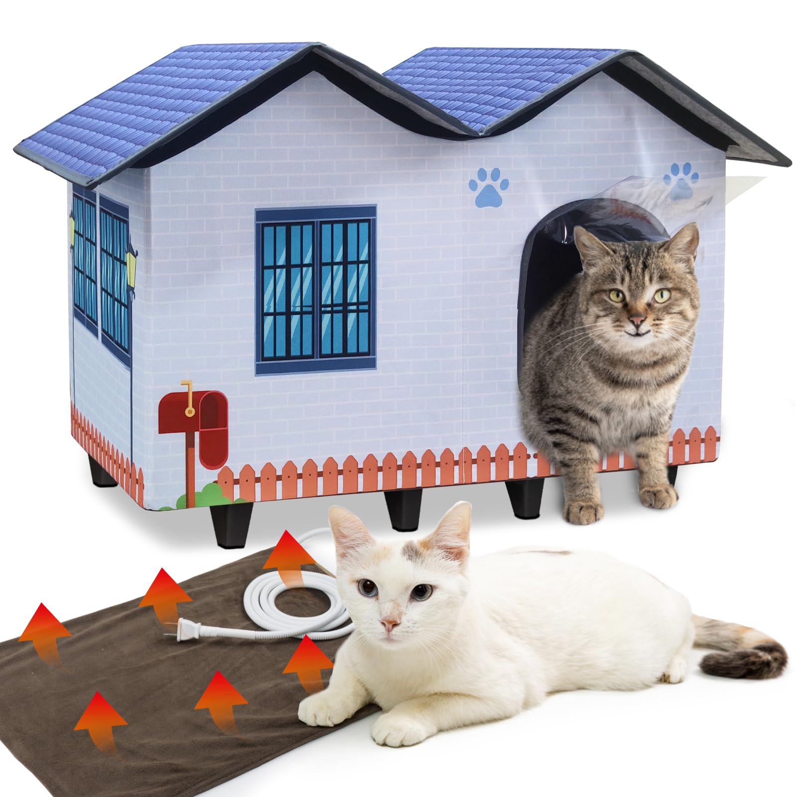 Heated Cat Houses For Indoor/Outdoor Cats With Large Elevated Heated Cat Bed Providing Safe Feral Cats, Easy To Assemble