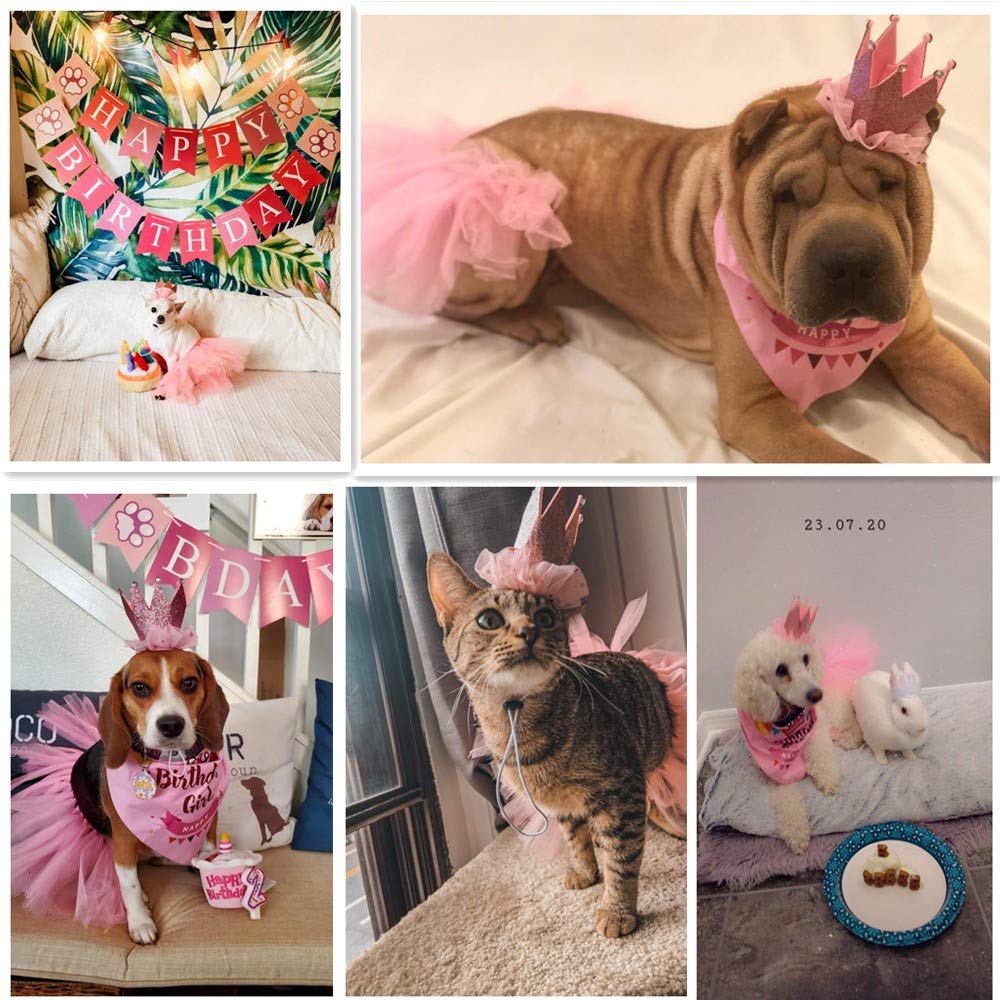 Adoggygo Dog Birthday Hat Bandana Girl - Pet Birthday Party Supplies - Pink Dog Tutu Hat Scarf Banner Set For Extra Large Dogs (