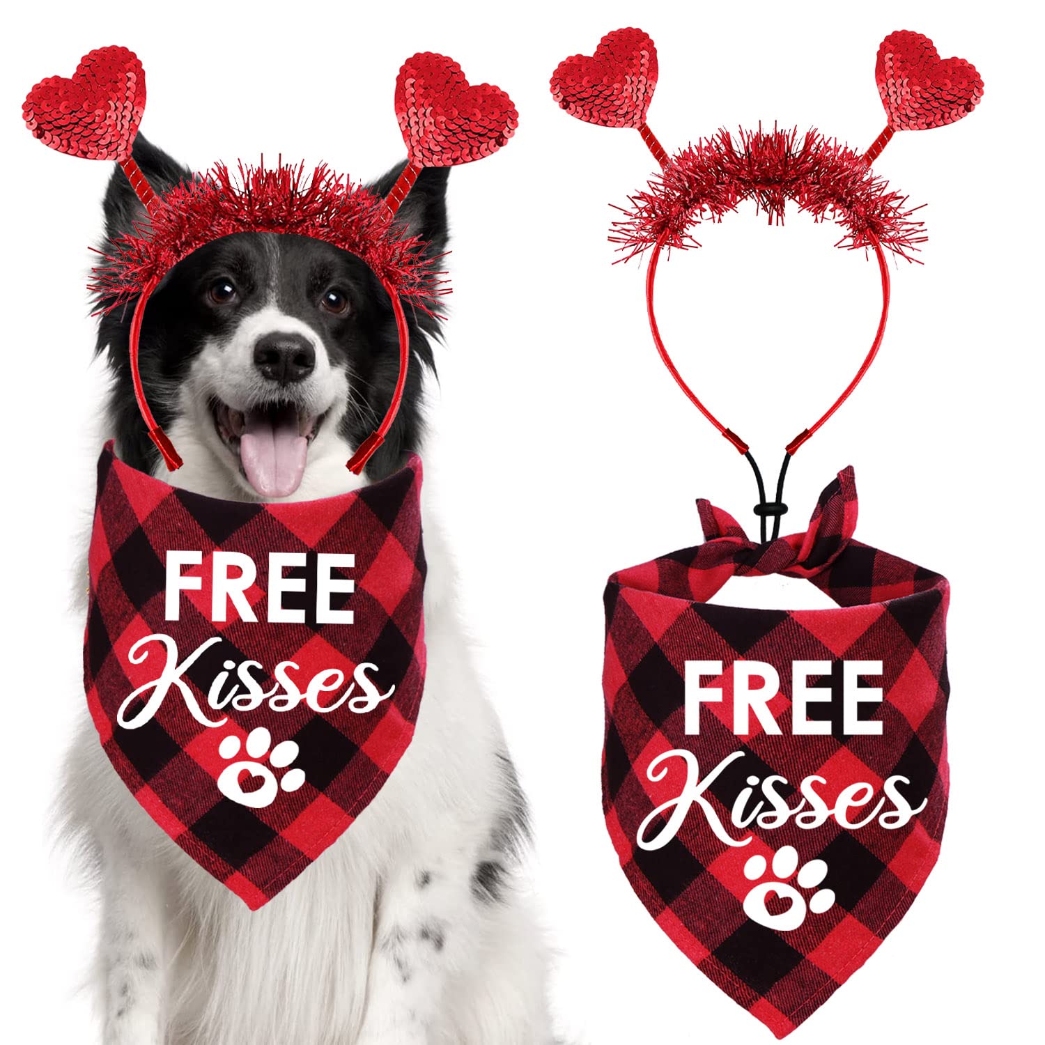 Stmk Valentines Day Dog Bandana Outfits, Valentines Day Heart Headband Plaid Valentines Dog Bandanas Costumes For Small Medium L