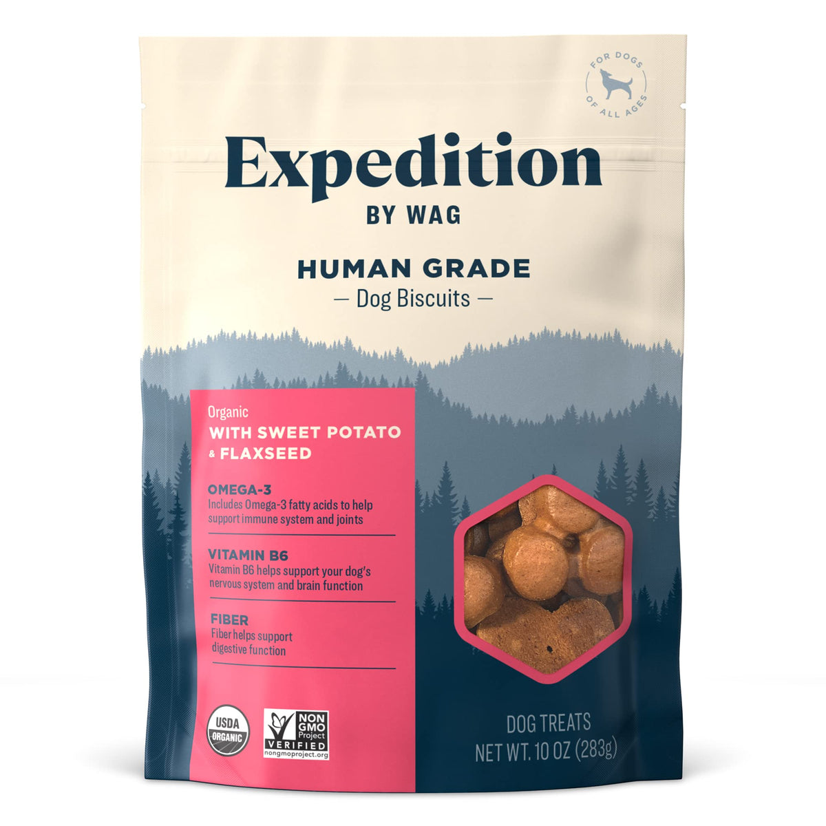Amazon Brand - Wag Expedition Human Grade Organic Biscuits Dog Treats, Non-Gmo, Gluten Free, Sweet Potato & Flaxseed, 10Oz