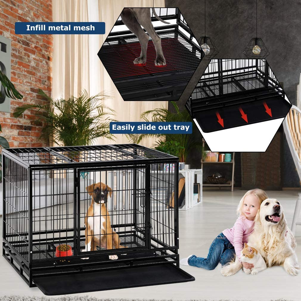 Dog Crate Cage For Large Dogs Heavy Duty 48 Inches Dog Kennel Pet Playpen For Training Indoor Outdoor With Plastic Tray Double Doors & Locks Design