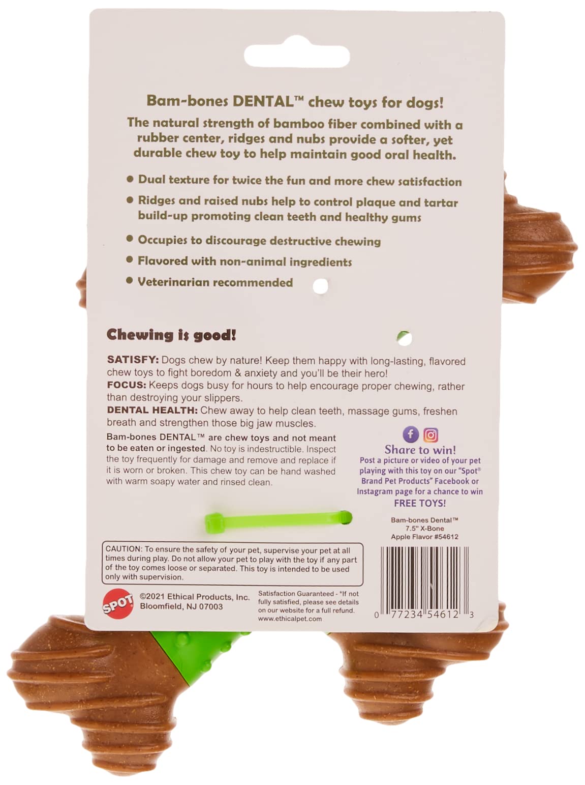 Spot Bam-Bones Dental X-Bone - Made With Bamboo Fiber And A Massaging Rubber Center To Keep Teeth Clean, Durable Oral Care Dog Chew For Light Chewers & Teething Puppies Under 40Lbs, 8In, Apple Flavor