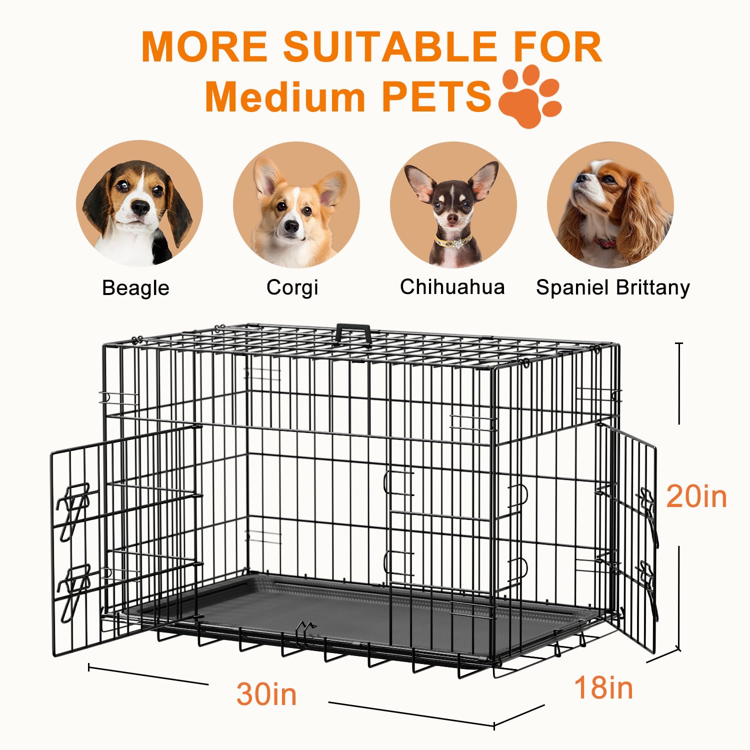 FDW 30inch Dog Crate Pet Cage with Metal Folding Design Plastic Tray Indoor Outdoor Dog Kennel Cage for Small and Medium Dogs,Bl
