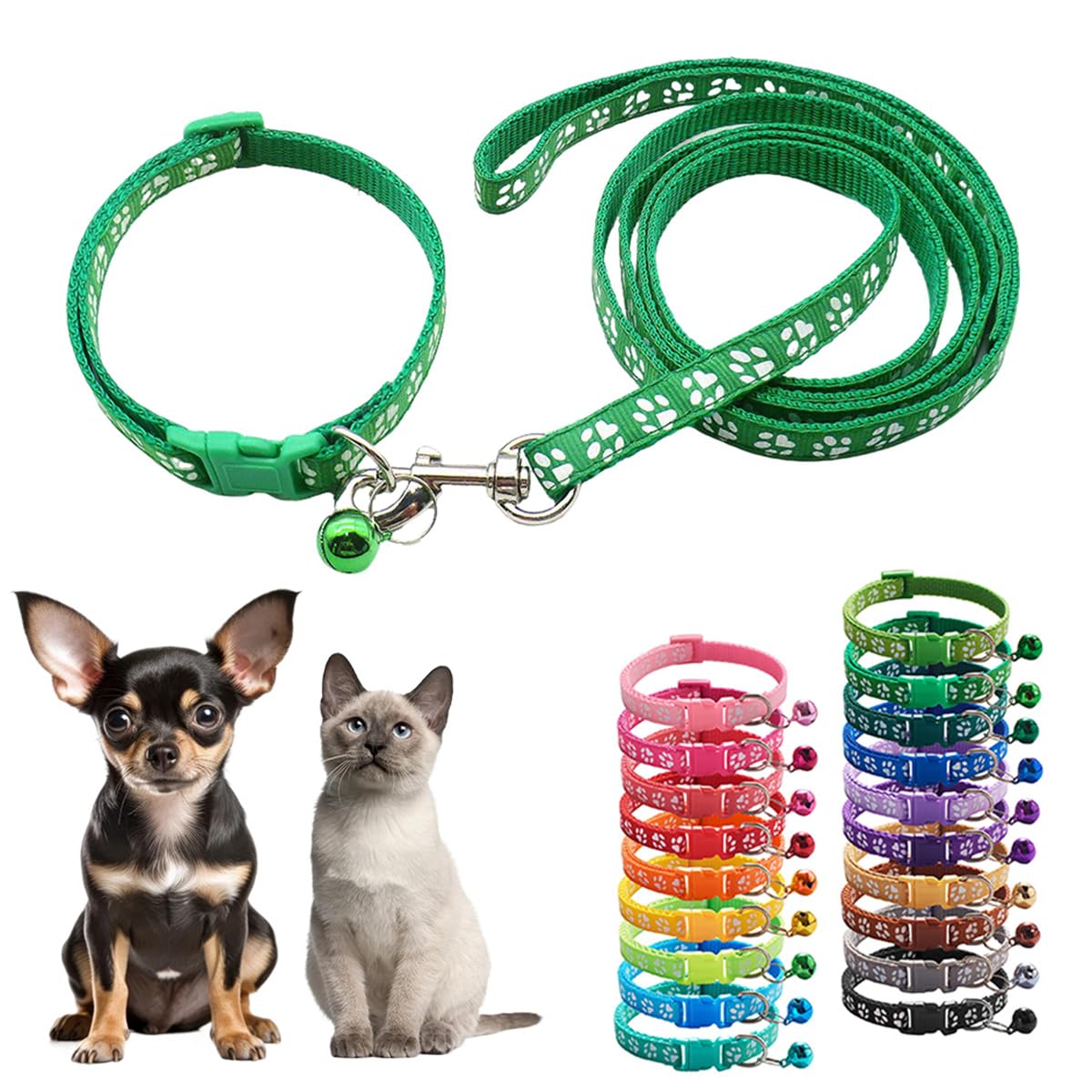 Dog Collar And Leash Set With Bell,Dark Green Nylon Paw Cat Collar Girl Female Cute Fancy Puppy Collar With Bells For Xxs Xs Tin