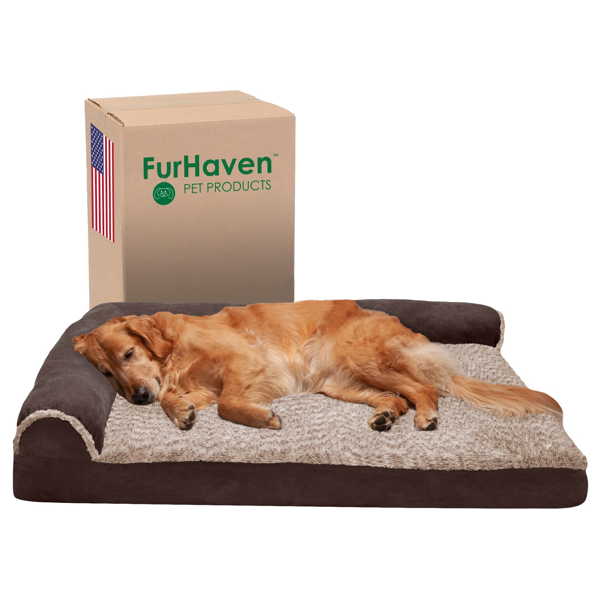 Furhaven Orthopedic Dog Bed For Large Dogs W/ Removable Bolsters & Washable Cover, For Dogs Up To 95 Lbs - Two-Tone Plush Faux Fur & Suede L Shaped Chaise - Espresso, Jumbo/Xl