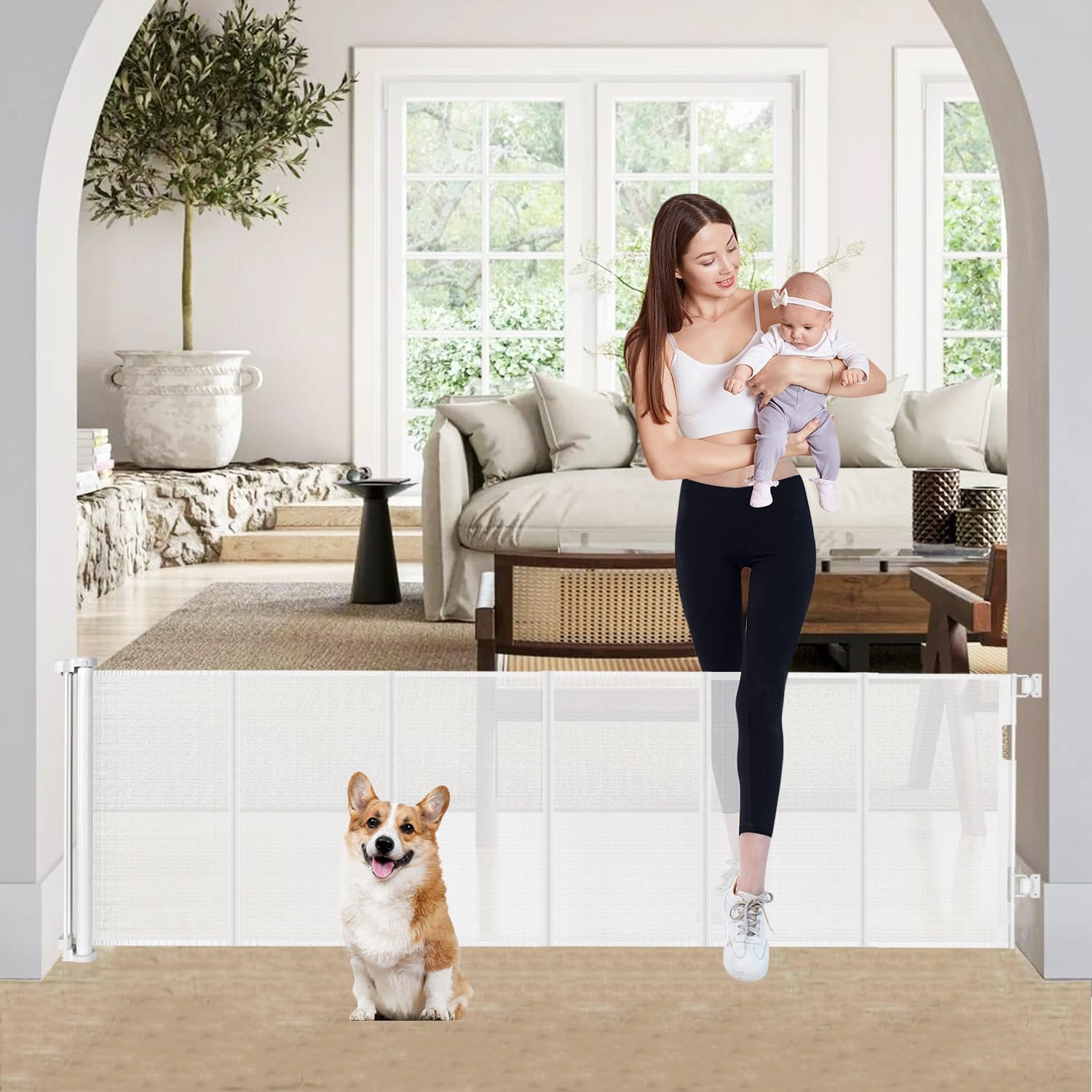 24'' Tall X 80'' Wide Retractable Baby Gates, Short Dog Gates to Step Over, Reinforced Mesh Pet Gate with Support Rods, Small Pu