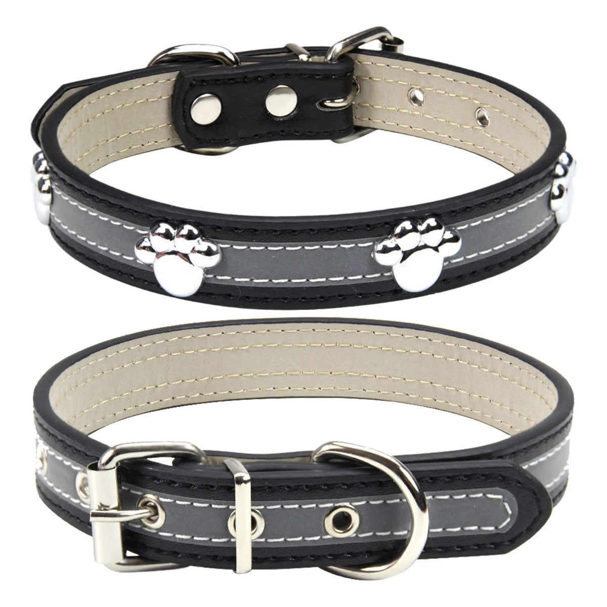 Petcare Reflective Dog Collar With Cute Paw Rivet Studded Funny Soft Pu Leather Adjustable Puppy Dog Collars For Small Medium Large Dogs Cats (Black,Large)