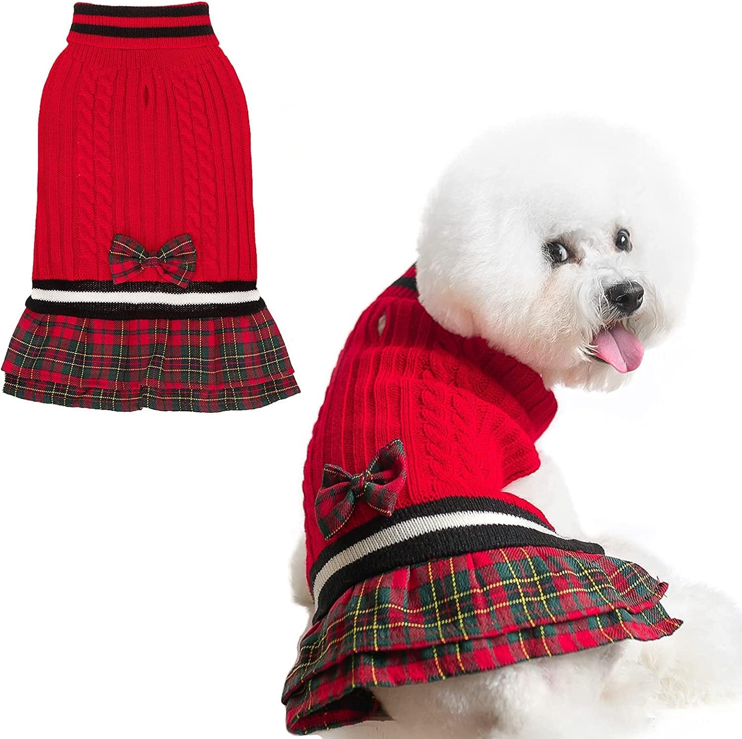 Pawchie Dog Sweater Dress With Bowtie - Dog Turtleneck Pullover Knitwear For Small Dogs Girls Cold Weather Sweater With Leash Hole, Suitable For Small Medium Dogs Puppies