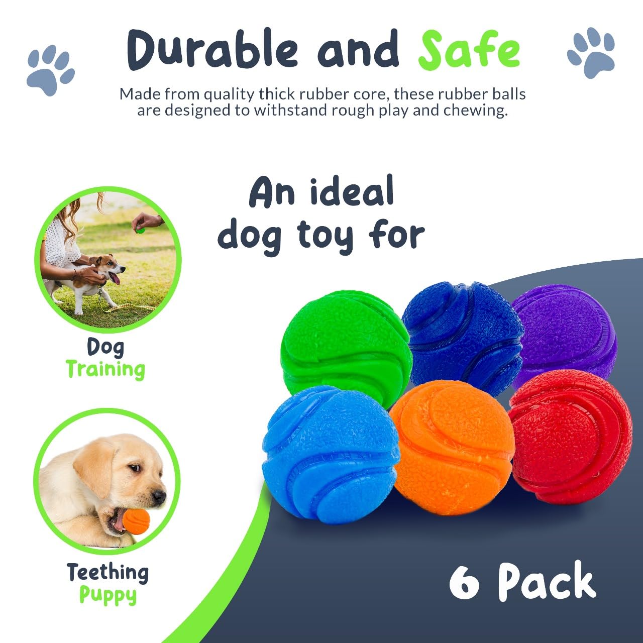 Petite Paws SuperFetch Rubber Dog Balls 1.5 Inch - No Squeak, Rainbow, 6 Pack, Ideal for Small Dogs and Puppies, Fetch & Training Toys